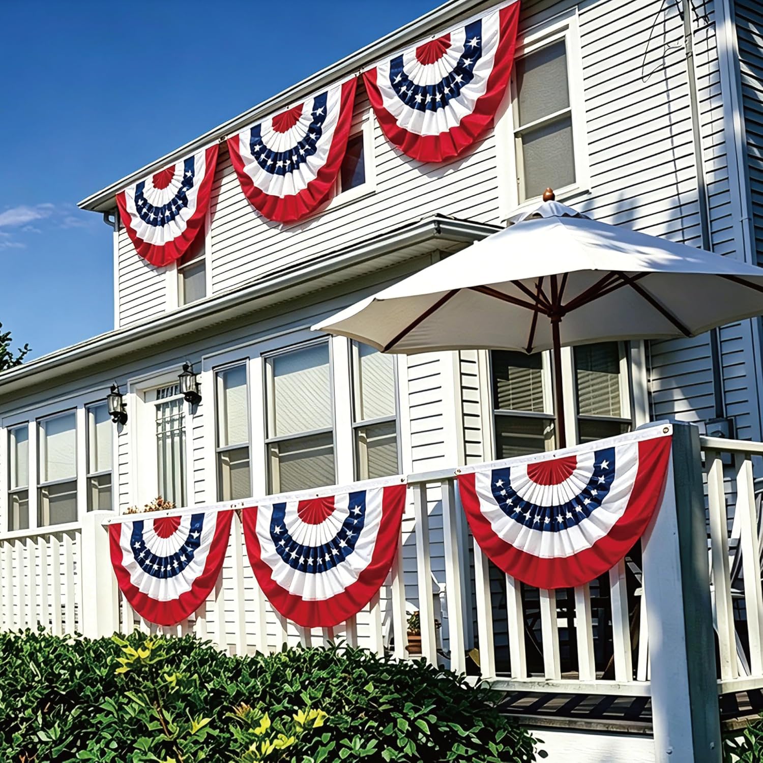 2-Pack American Flag Bunting Outdoor 3x6 Ft, Embroidered Stars USA Pleated Fan Flags, Heavy Duty Canvas Header & 3 Brass Grommets for 4th of July Patriotic Decoration, Memorial Day