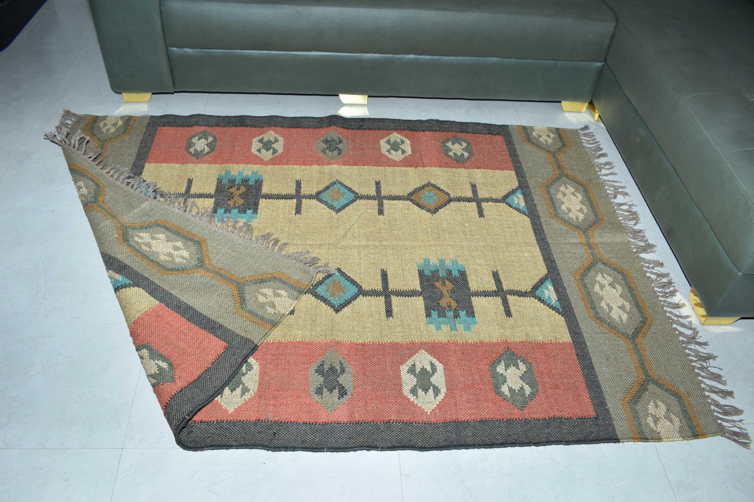 Tappeto in lana e iuta Kilim dall'aspetto rustico per soggiorno, camera da letto, sala da pranzo, tessuto a mano (90 x 150 cm)