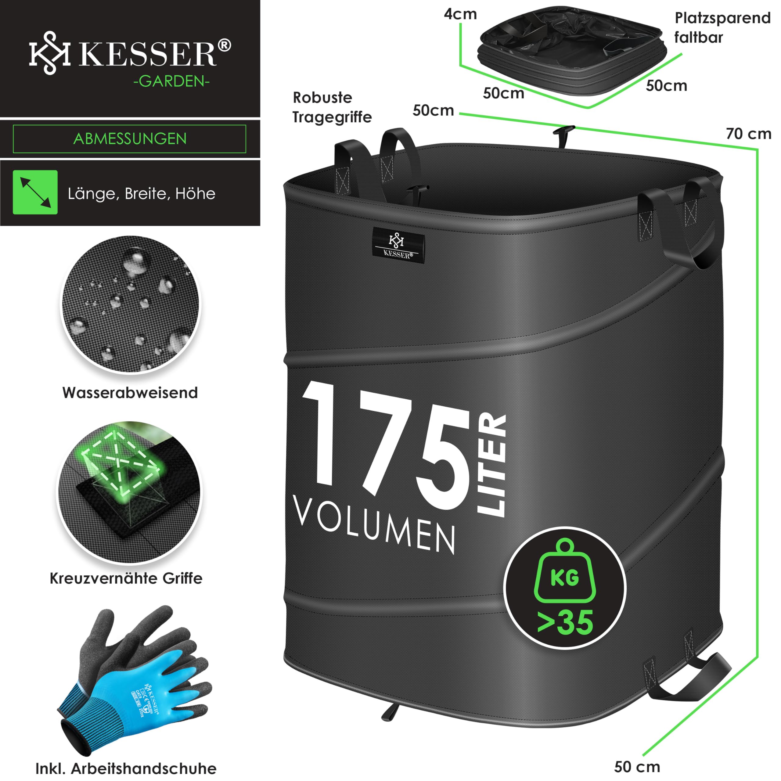 KESSER® Set di Sacchi da Giardino Pop-up - 4x 175 Litri, Sacco per Rifiuti da Giardino con Guanti, Autoportante con Maniglie, Robusto, Robusto e Richiudibile, Antracite/Nero