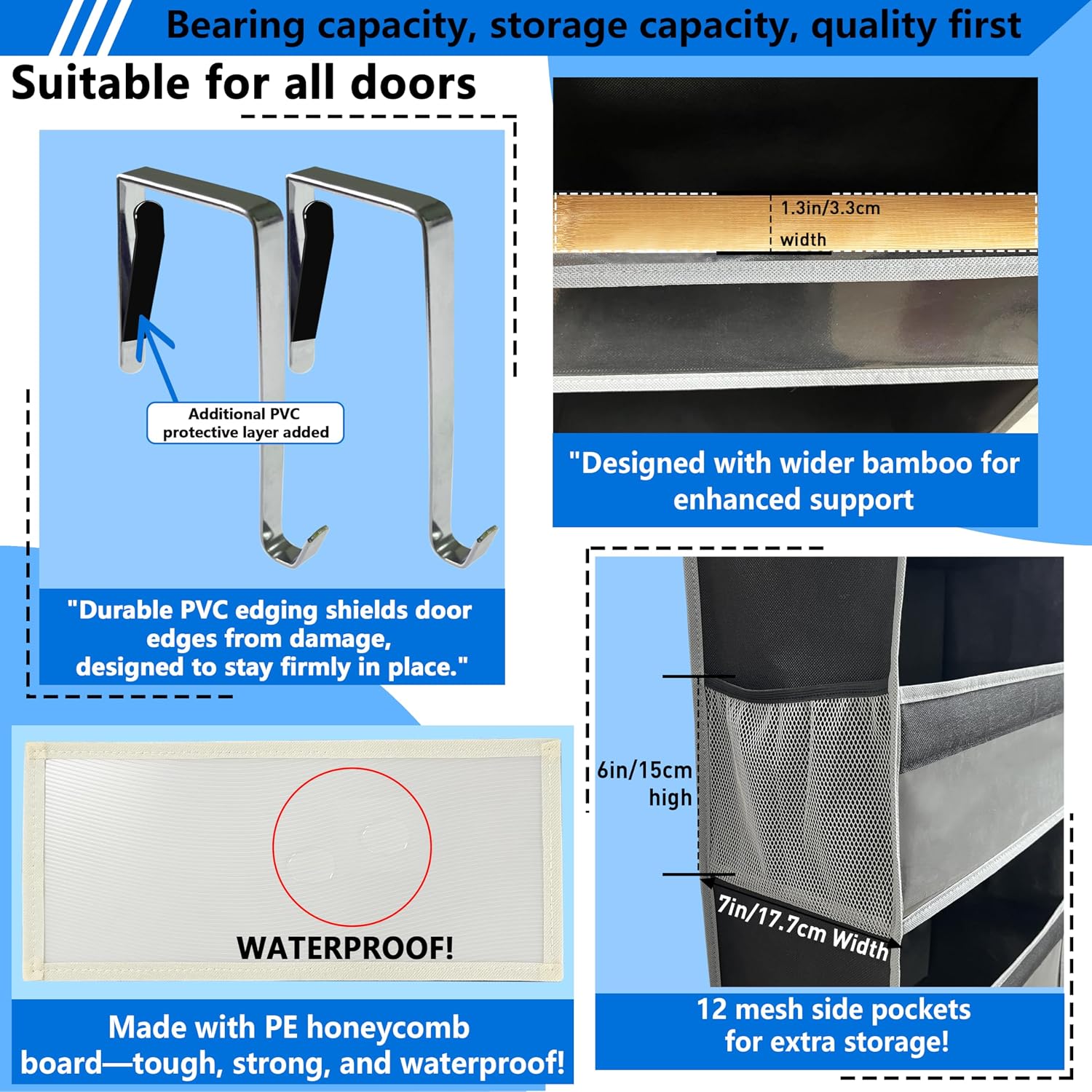 over the door organizer, Solid Bamboo Board (Not Plastic!) 6-Tier Heavy Duty 75LB, 12 Side Pockets, 3 Reinforced Hooks & Anti-Slip Pads, Waterproof & Washable, No Sagging, No Door Damage,Matte Black image 4