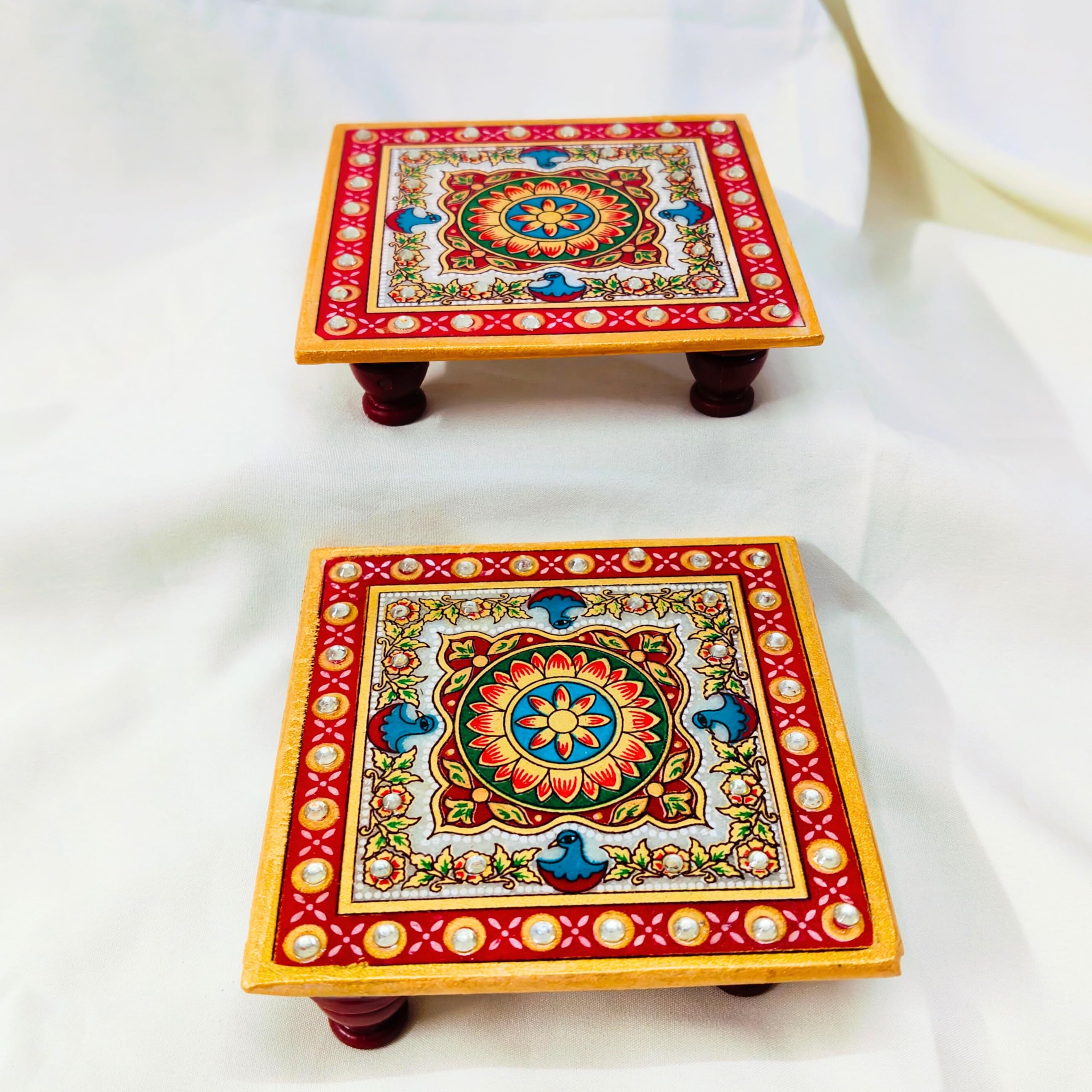 Marble Puja Chowki 4" Inch Pair | Hand-Painted with Floral & Kundan Design | Decorative Chaurang for Temple, Pooja Room & Festivals | Ethnic Marble Platform for Rituals & Mandir Décor