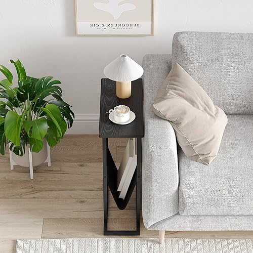 Miniatura 8 de Yusong Mesa auxiliar estrecha para espacios pequeños, mesa auxiliar pequeña con soporte para revistas, mesa delgada delgada y delgada para sala de