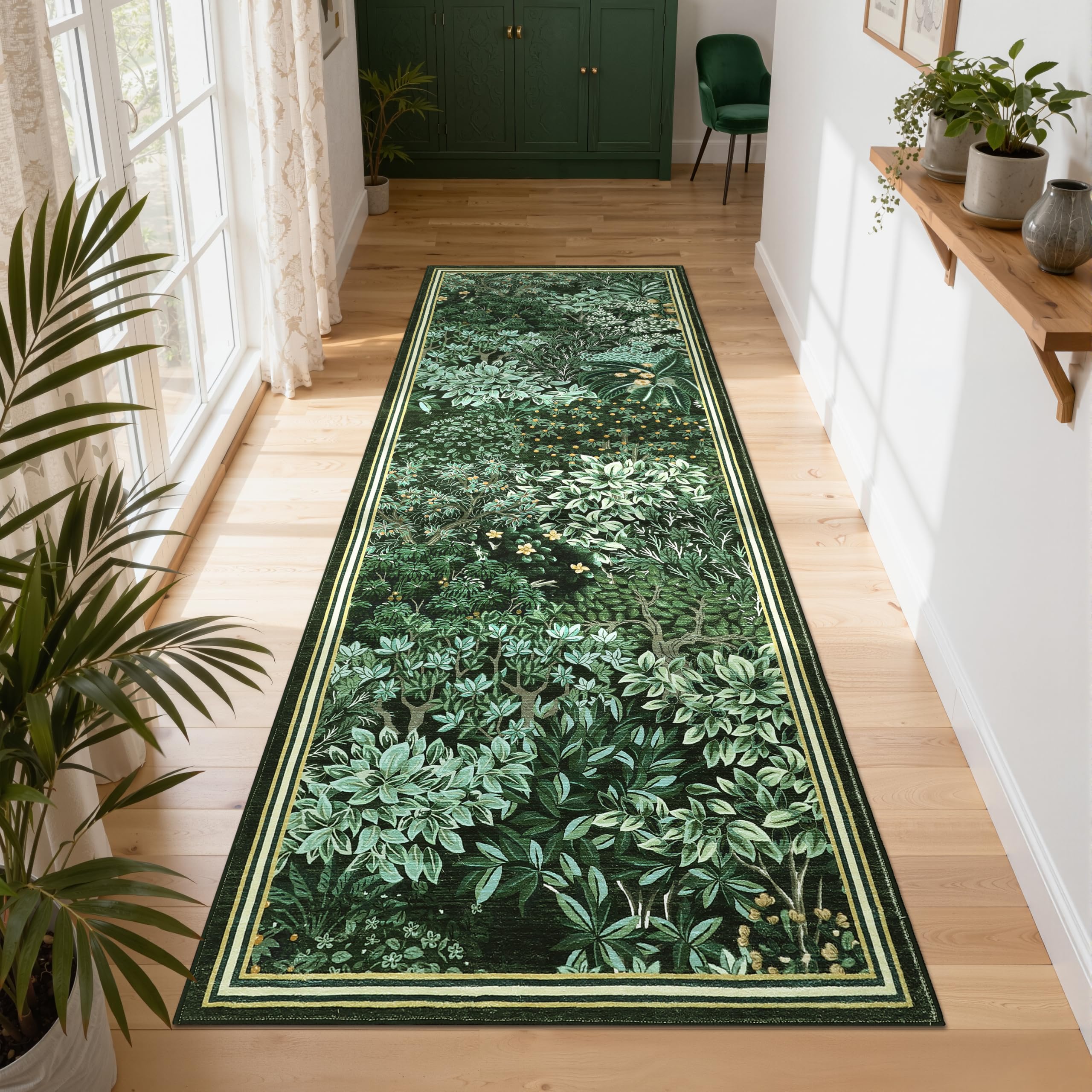 GarveeHome Forest Runner Rug 2.5x10, Green Washable Runner Rug for Kitchen, Botanical Low Pile Non Slip Stain Resistance Woodland Hallway Rug for