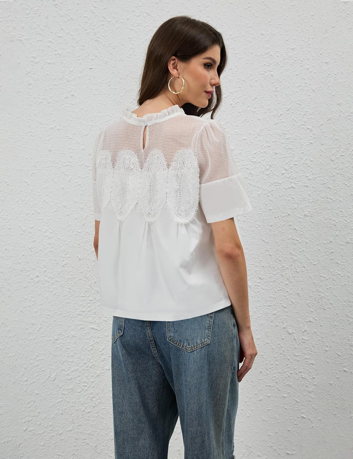 Women Lace Trim Blouse Mesh See Through Puff Short Sleeve Ruffle Pleated Shirts Mock Neck Summer Babydoll Tops - Image 4