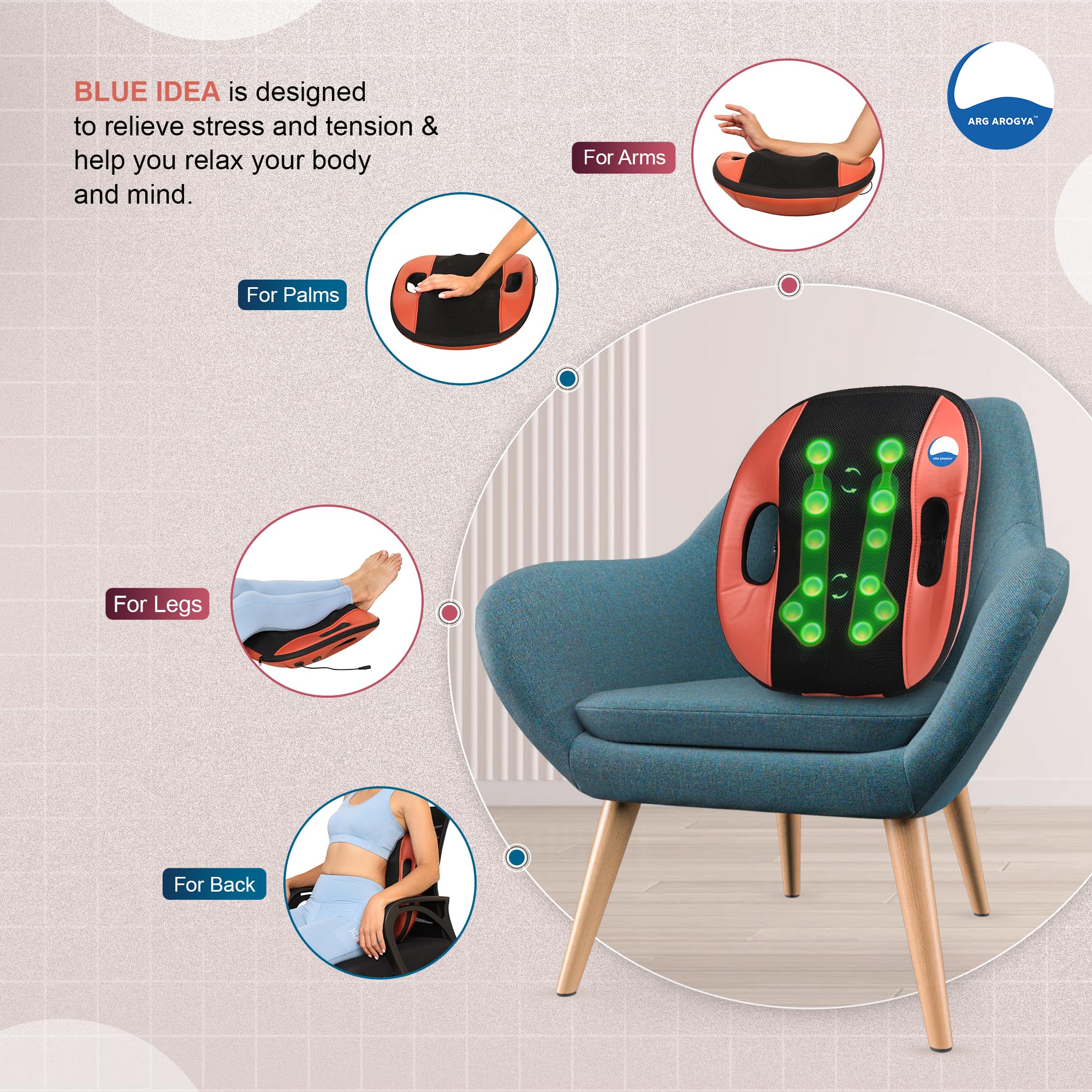 ARG Arogya Blue Idea Back Massager Cushion Multifunction 360° Up and Down 12 Rubbing Balls Full Body Pain Relief Massager For Neck, Back, Calf, Shoulder, Palm, Lower Leg, Thigh Relaxation - Image 3 thumbnail