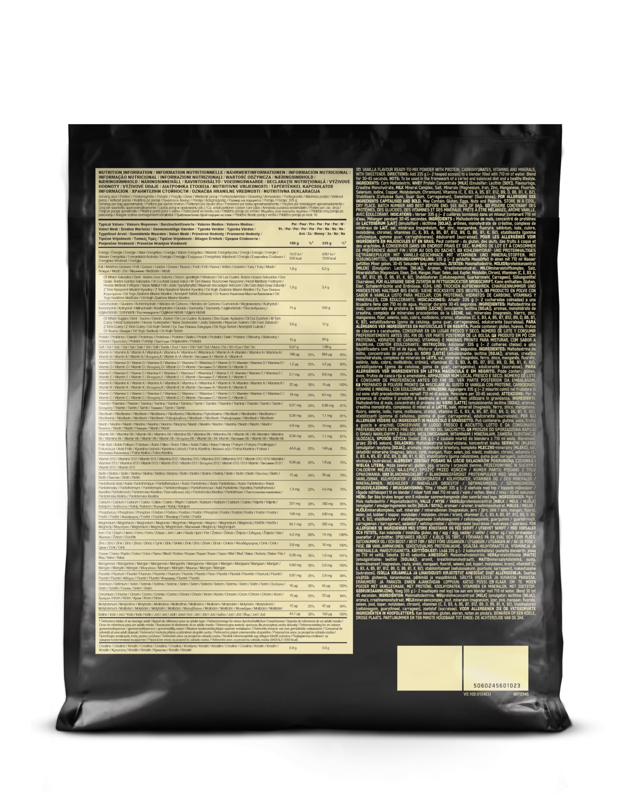 Optimum Nutrition Serious Mass Poudre de Protéine Gain de Masse Hautement Calorique 25 Vitamines Minéraux Créatine Glutamine Vanille 5.45 kg