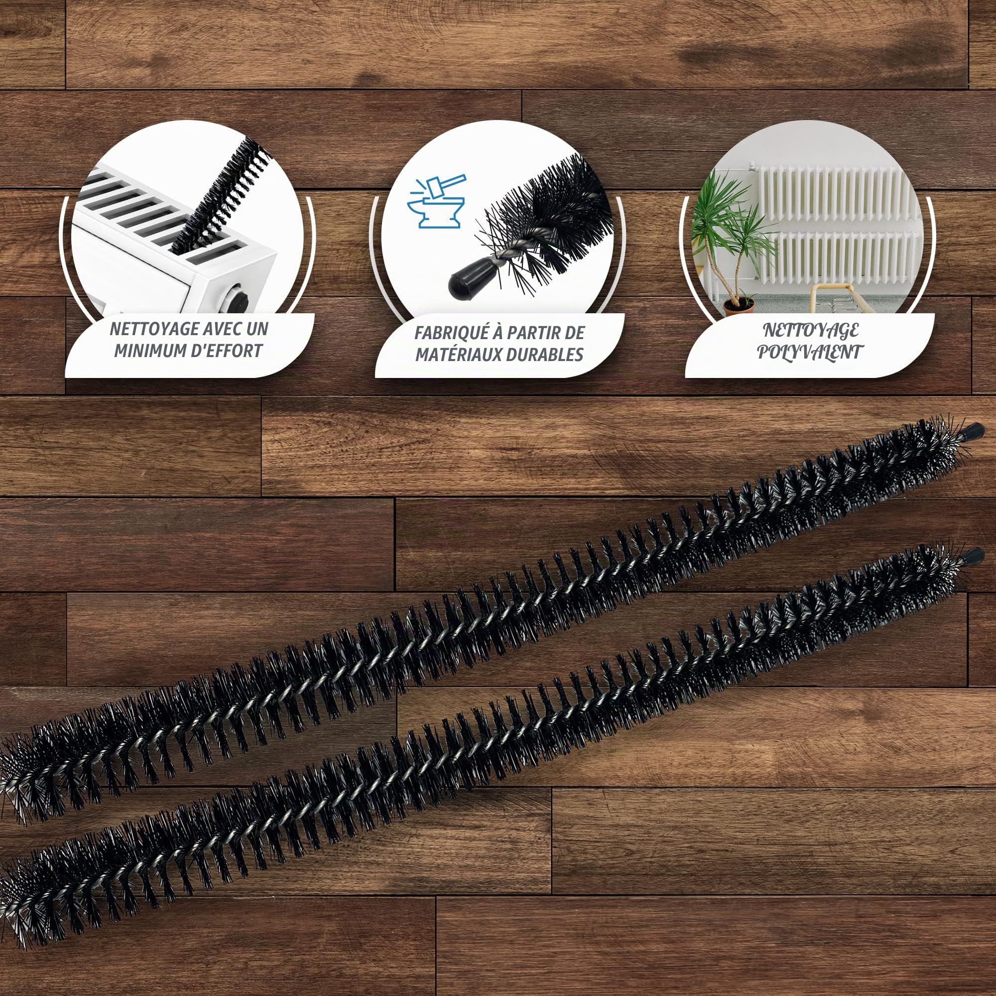 Lot de 2 brosses de nettoyage pour radiateur, 120 cm de long et flexible avec manche en bois, pour nettoyer les évents et les peluches qui obtiennent des espaces étroits