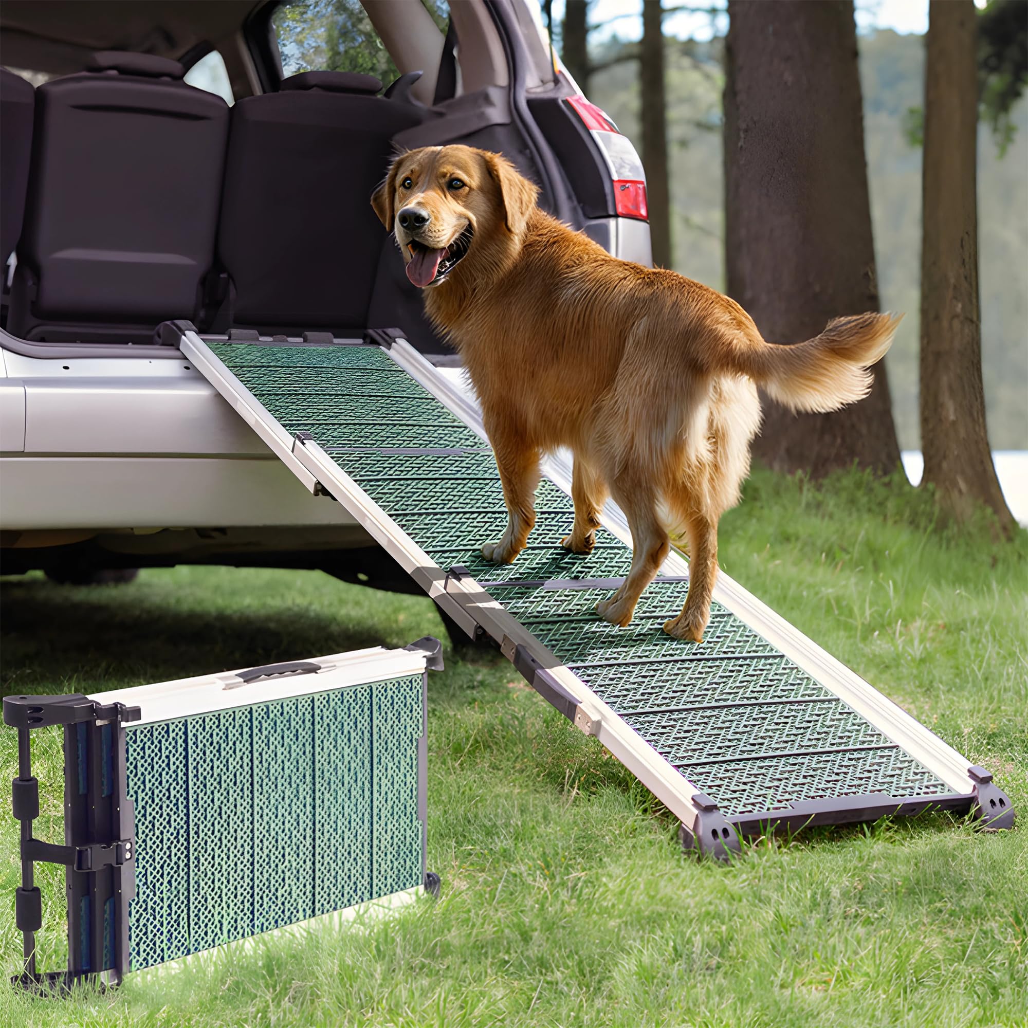 Rampa para Perros para Coche - Estable - Antideslizante - 90 kg de Capacidad - Rampas Extensibles para Perros Grandes - Laterales Reflectantes - Escalera Ligera para Perros - Clip de fijación - Verde Certificado ClimatePartner