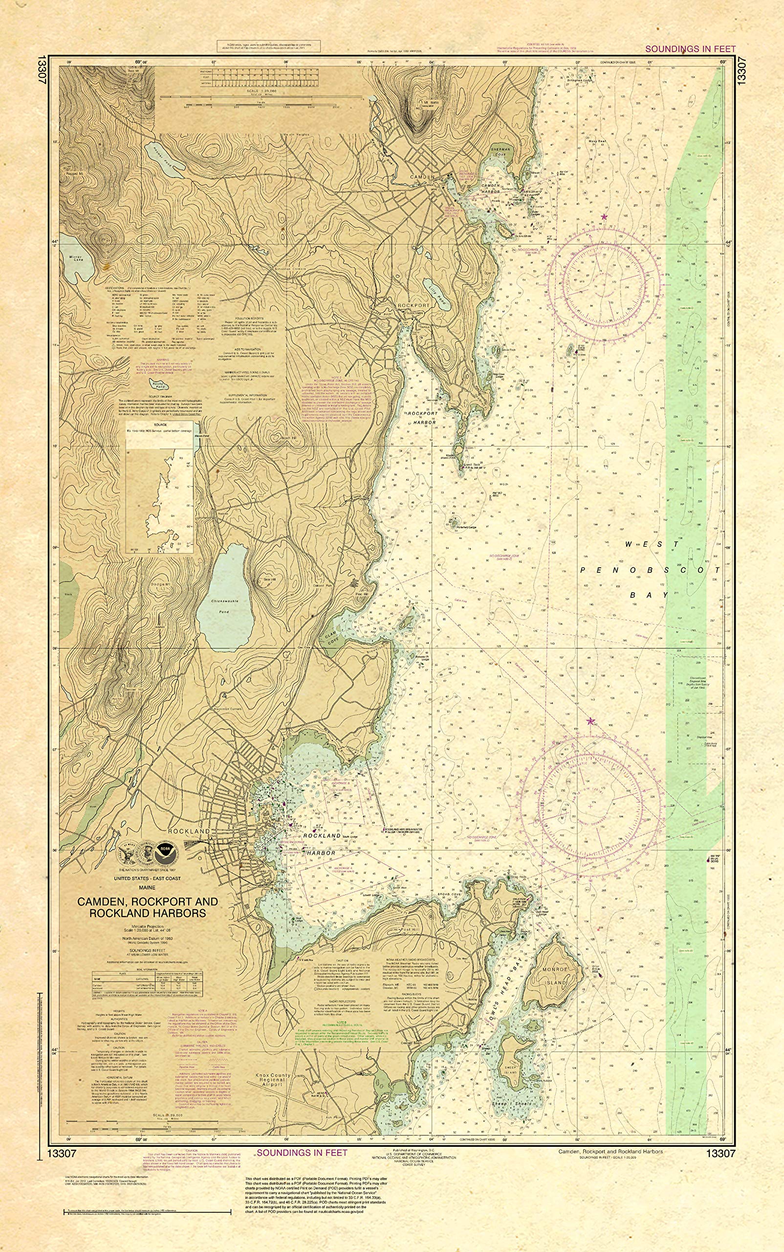 Paradise Cay Publications, Inc. Antiqued NOAA Chart 13307: Camden: Rockport and Rockland Harbors