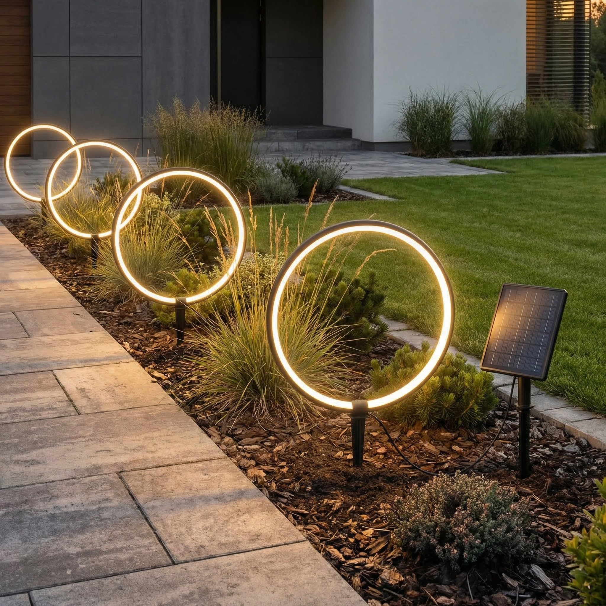 Arnusa Solar Gartenleuchten LED Solar Gartenstecker modern, Solarleuchte Garten Leuchtringe Design warmweiß, Aluminium (4)