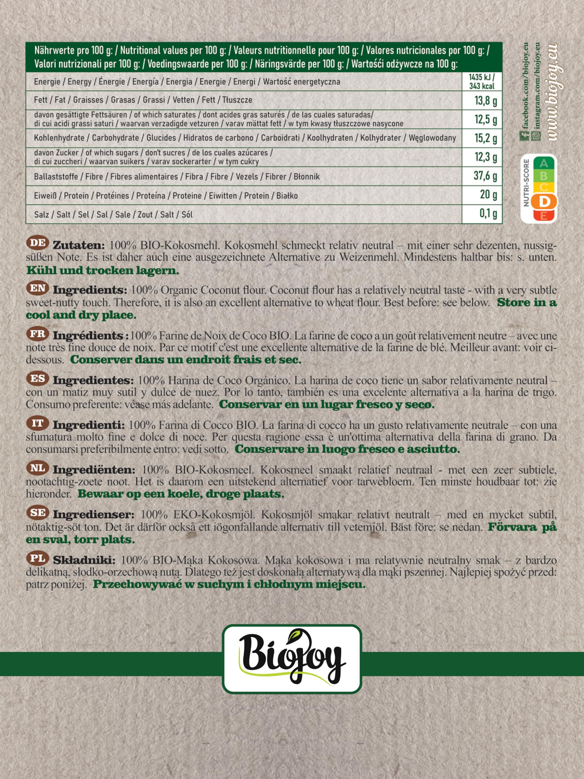 Biojoy Mąka kokosowa BIO, częściowo odtłuszczona, bez dodatku cukru, 1 kg | Ze Sri Lanki, naturalna, idealna do pieczenia