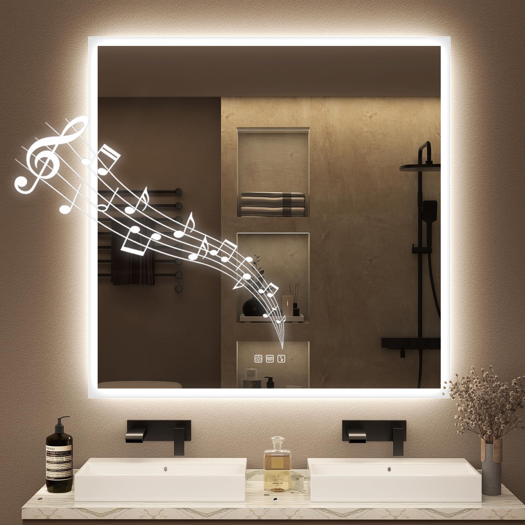 STARLEAD Espejo de baño con iluminación 100 x 100 cm, espejo LED con Bluetooth, antivaho, IP44, espejo de baño con luz, 3 temperaturas de color, regulable, función de memoria, vidrio templado HD