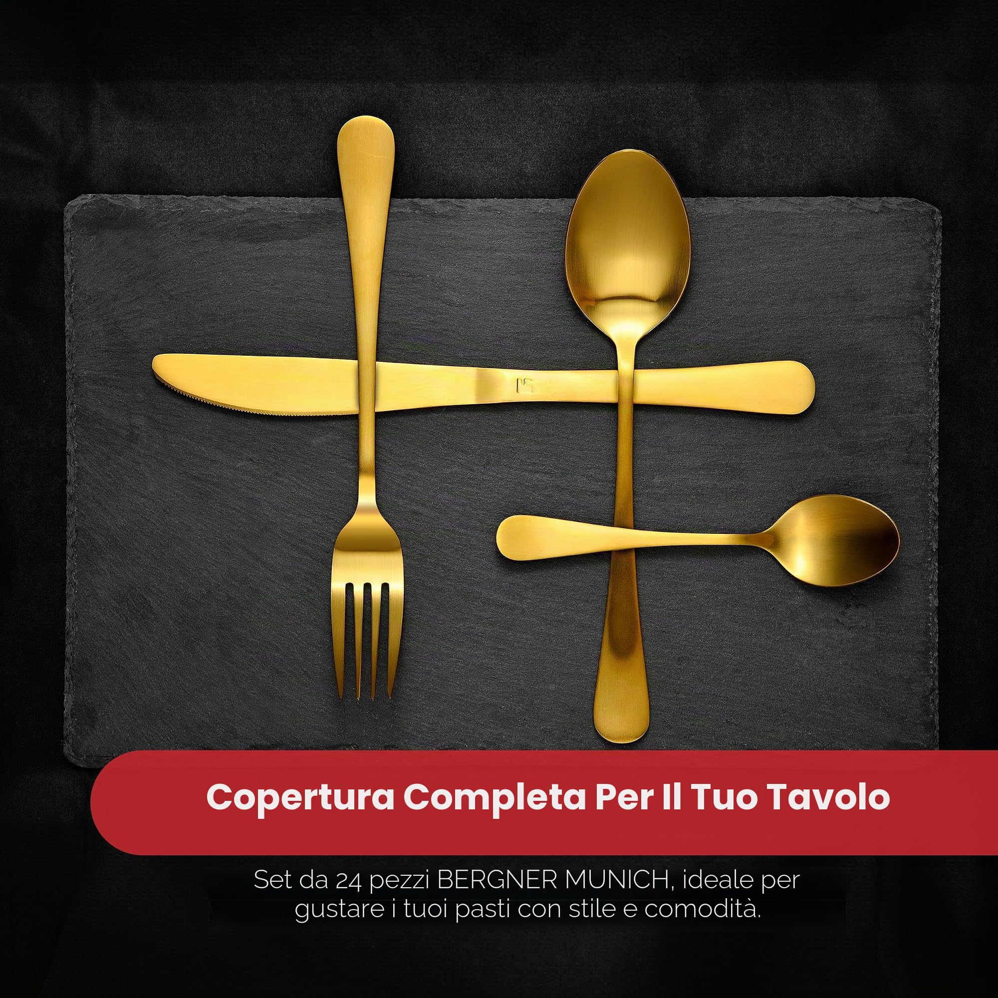 BERGNER Set 24 pezzi di posate in acciaio inox Monaco Oro Opaco