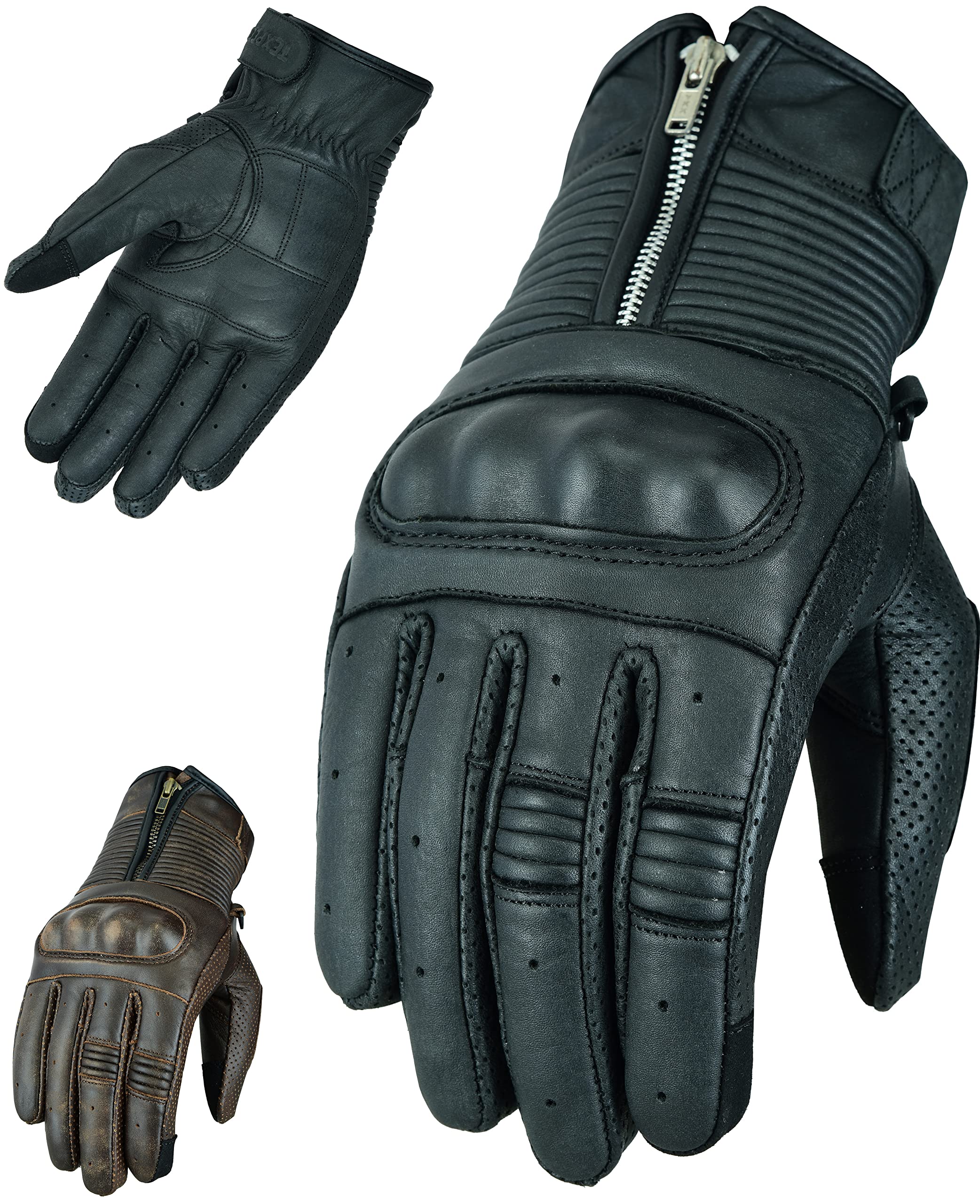 Texpeed Guanti da moto in pelle uomo - Estivi/invernali Guanti per motociclisti - Protezione delle mani zippata per ciclomotore Armatura