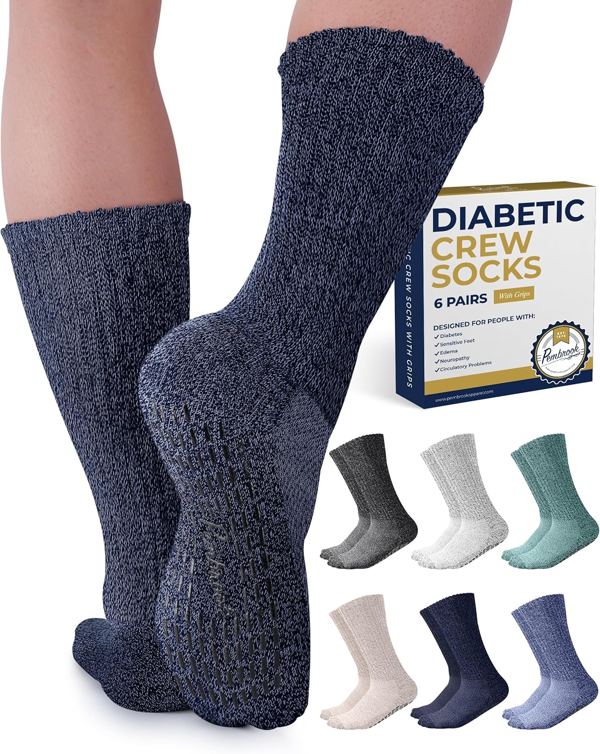 Pembrook 6 Pairs Diabetic Socks with Grippers for Men & Women - 12 Colors Neuropathy Socks for Women | Edema Socks