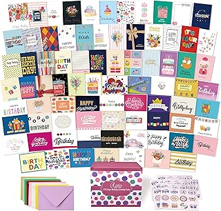80 Unique Birthday Cards- Happy Cards Bulk With Greetings Inside – Assorted Envelopes and Stickers -Large 5 x 7 inches- Greeting Box Set