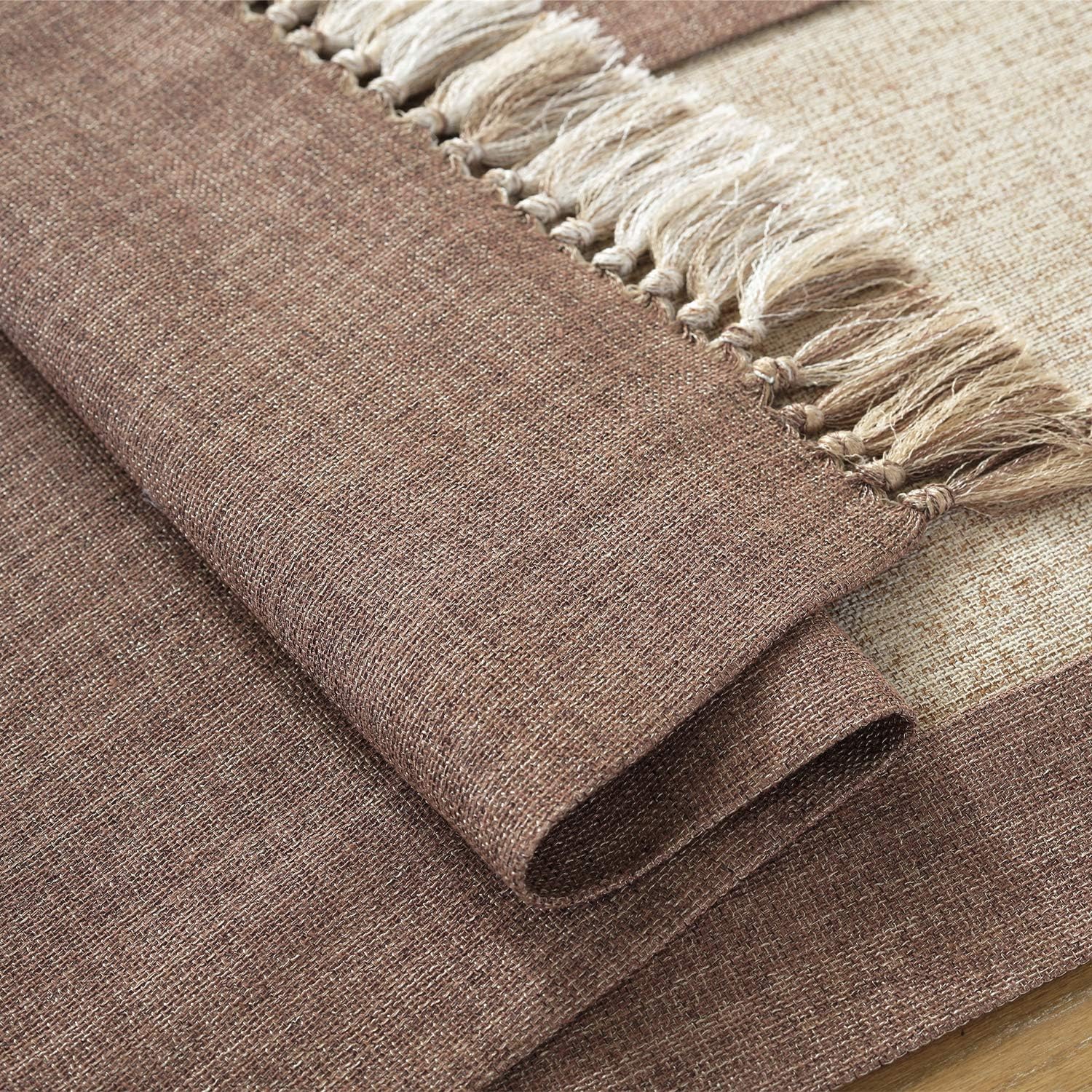 Beige and Brown Rustic Table Runner with Tassels Linen Cotton Coffee Dining Table Cloth Runners Non Slip for Home Kitchen Party Wedding Decorations, Machine Washable