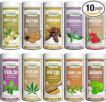 IYUSH Herbal Ayurveda Amla, Reetha, Shikakai, Bhringraj, Hibiscus, Curry Leaf, Brahmi, Tulsi, Neem and Methi Powder Hair Treatment For Hair Growth - (pack of 10, Total 1 kg) 100gm each