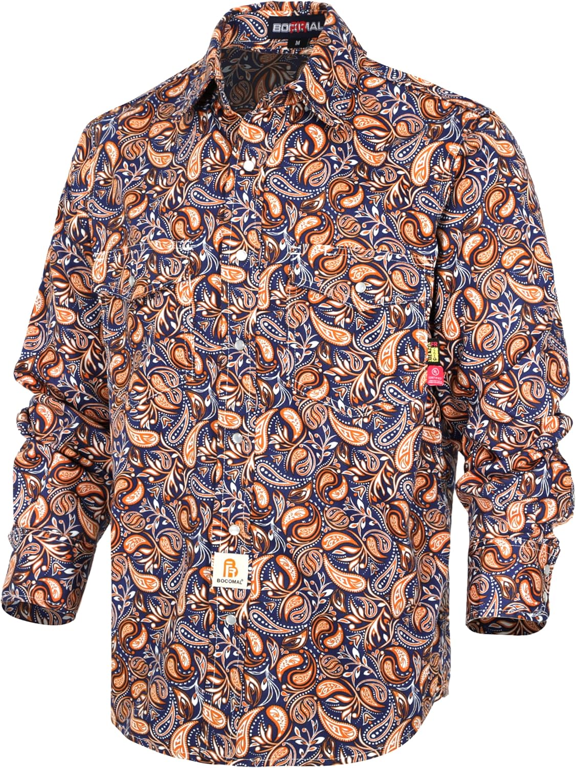 BOCOMAL FR Shirts Printed Paisley/Hawaii Lightweight Pearl Snaps/Button Down Flame Resistant NFPA2112 CAT2 Work Shirt
