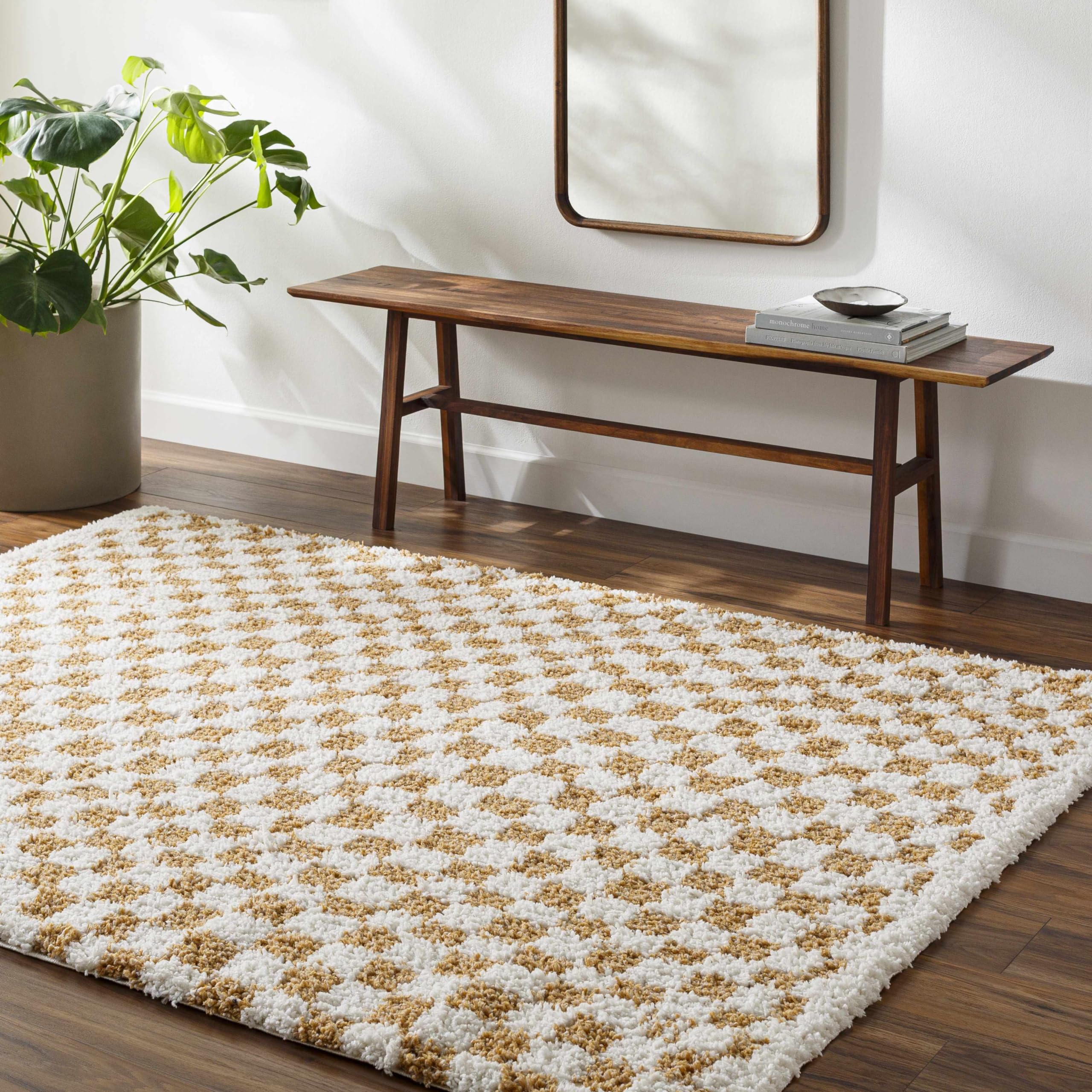 Hauteloom Pixel Contemporary Checkered Fluffy Shag Runner Rug - Modern Geometric Soft Carpet Tiles for Hallway, Kids Room, Nursery - White, Yellow -