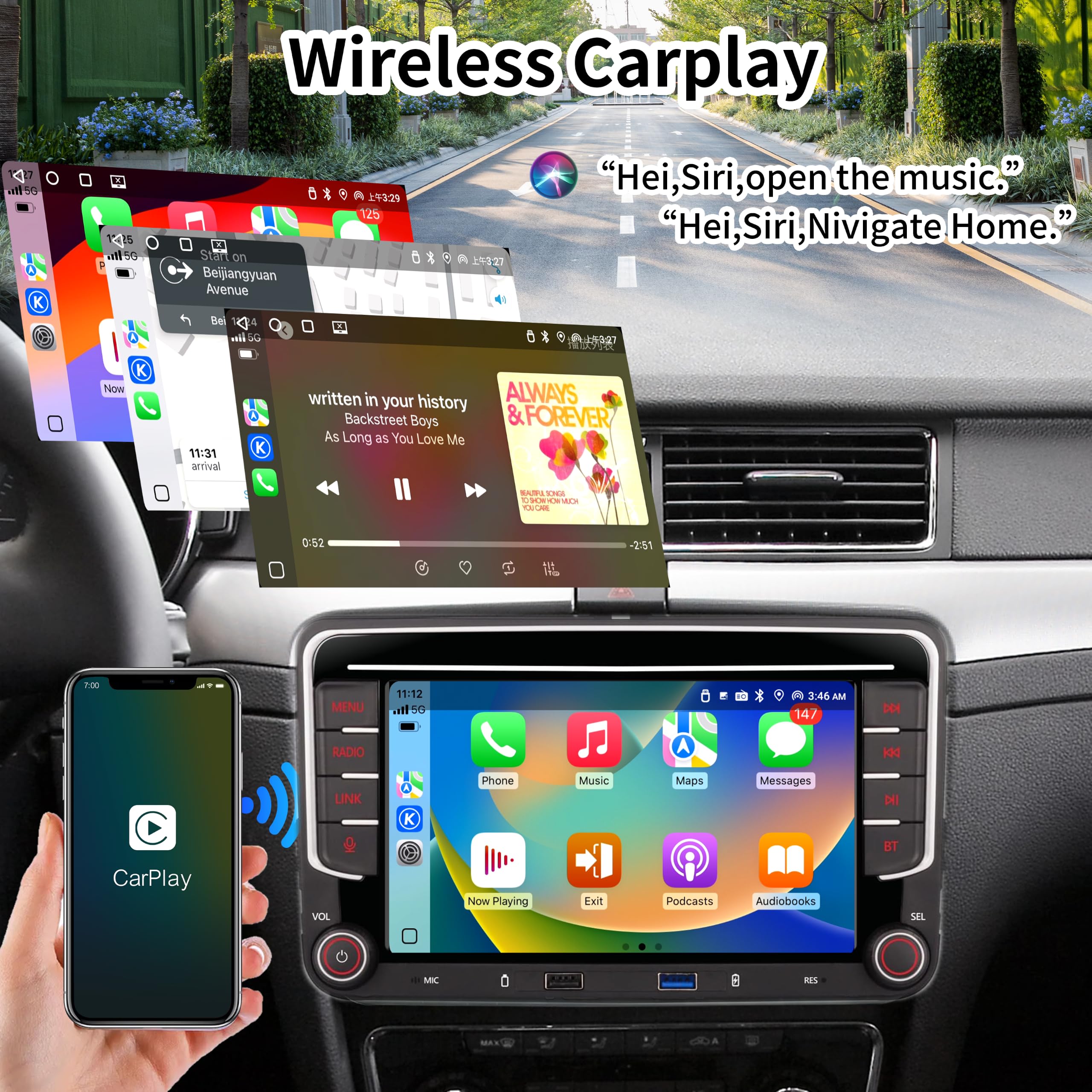 Schermo touch IPS 7 pollici Autoradio per Volkswagen, Seat, Skoda, CarPlay wireless & Android Auto, DSP equalizzatore 16 bande, Bluetooth 5.0, radio FM, compatibile con telecamera retromarcia