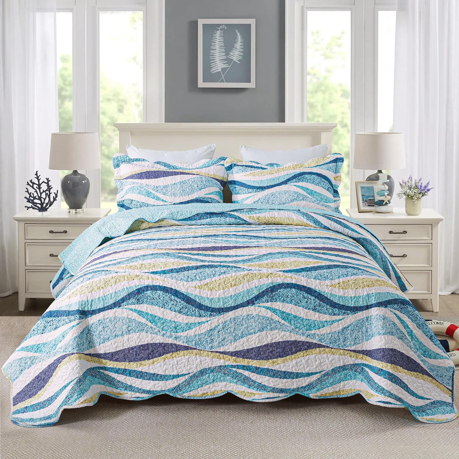 HoneiLife Beach Quilt King Size - 3 Pieces Coastal Quilt Sets Nautical Bedspreads Ocean Coverlets Lightweight Bed Cover, King Quilt Bedding Set All Season Quilts