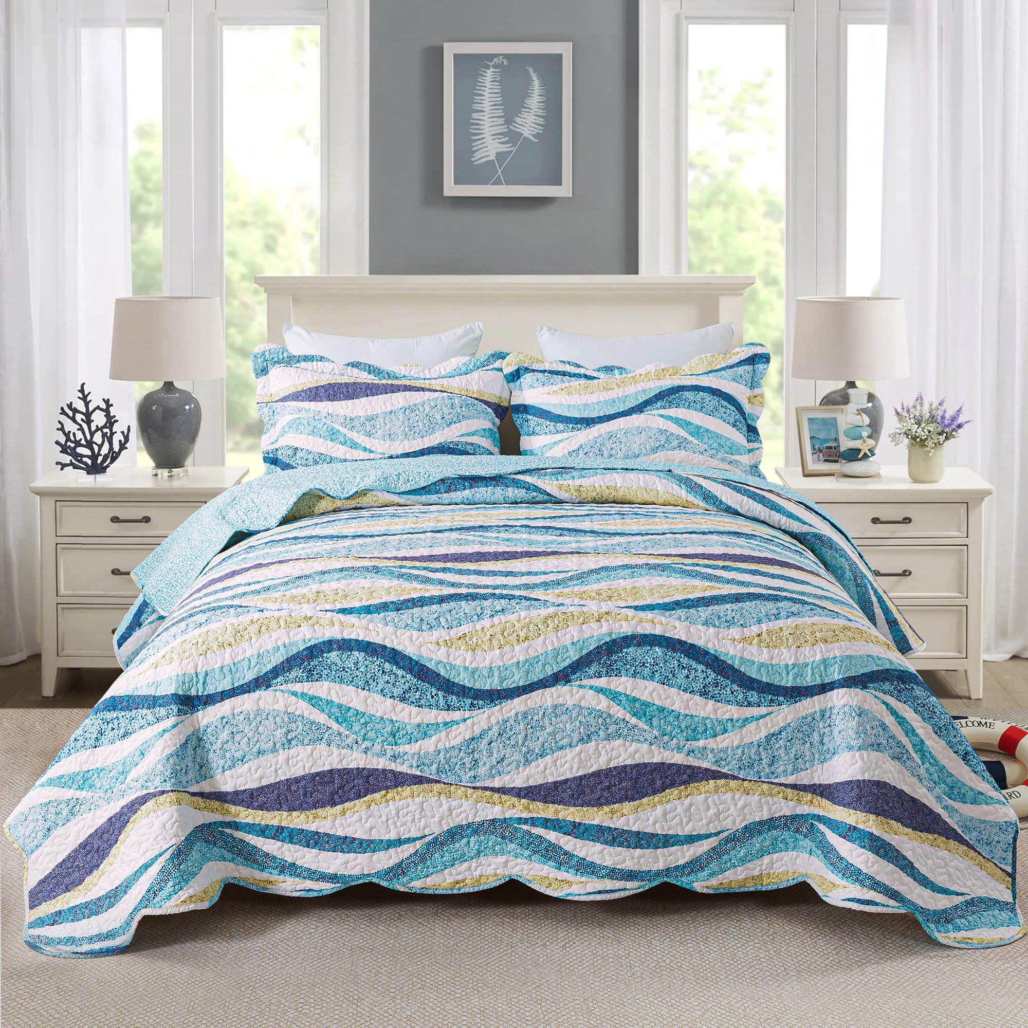 HoneiLife Ocean Quilt Queen Size - 3 Pieces Beach Quilt Sets Coastal Bedspreads Nautical Coverlets Lightweight Bed Cover, Queen Quilt Bedding Set All Season Quilts