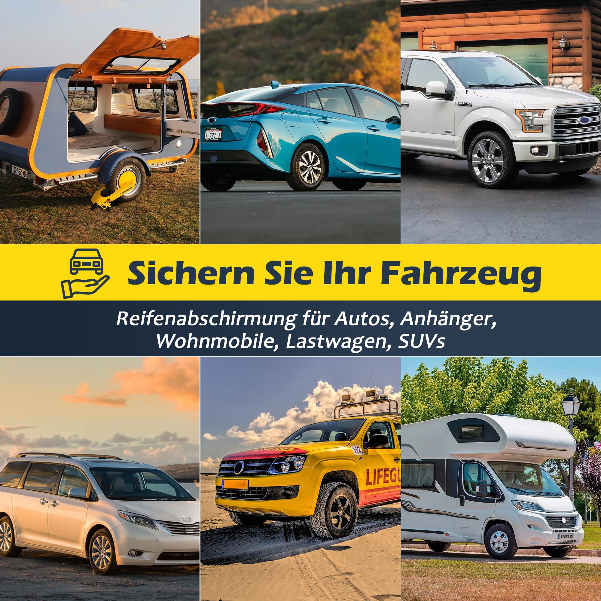 Tevlaphee Radschloss, Autokralle, Reifenschloss, Anti-Diebstahl, Anhänger-Radkralle, Schloss, Parkkralle für Autos, Lkw, SUVs, Camper, Boote Gelb