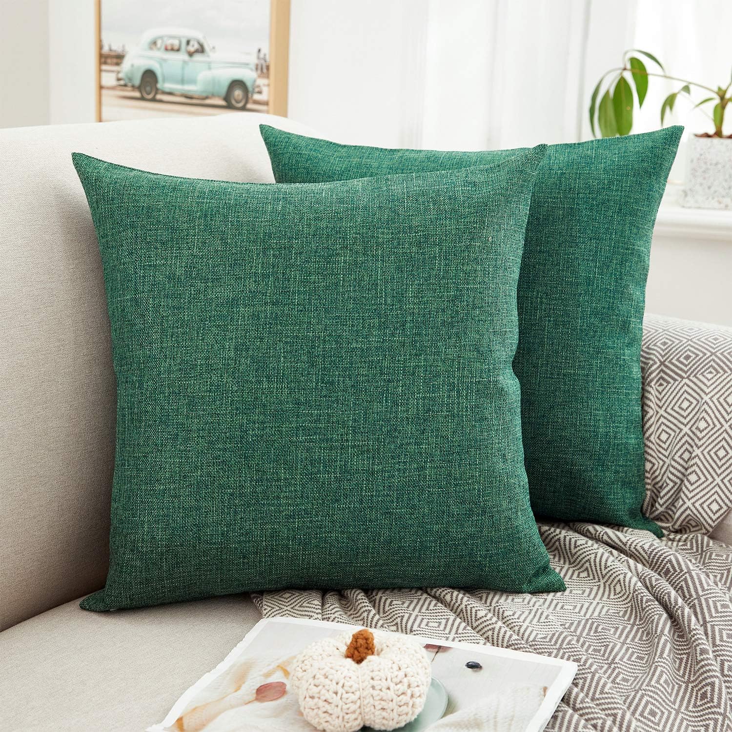 MERNETTE Pack of 2, Linen Decorative Rectangle Throw Pillow Cover Cushion Covers Pillowcase, Home Decor Decorations for Sofa Couch Bed Chair 18x18 Inch/45x45 cm (Dark Green) Dark Green 18 x 18-Inch