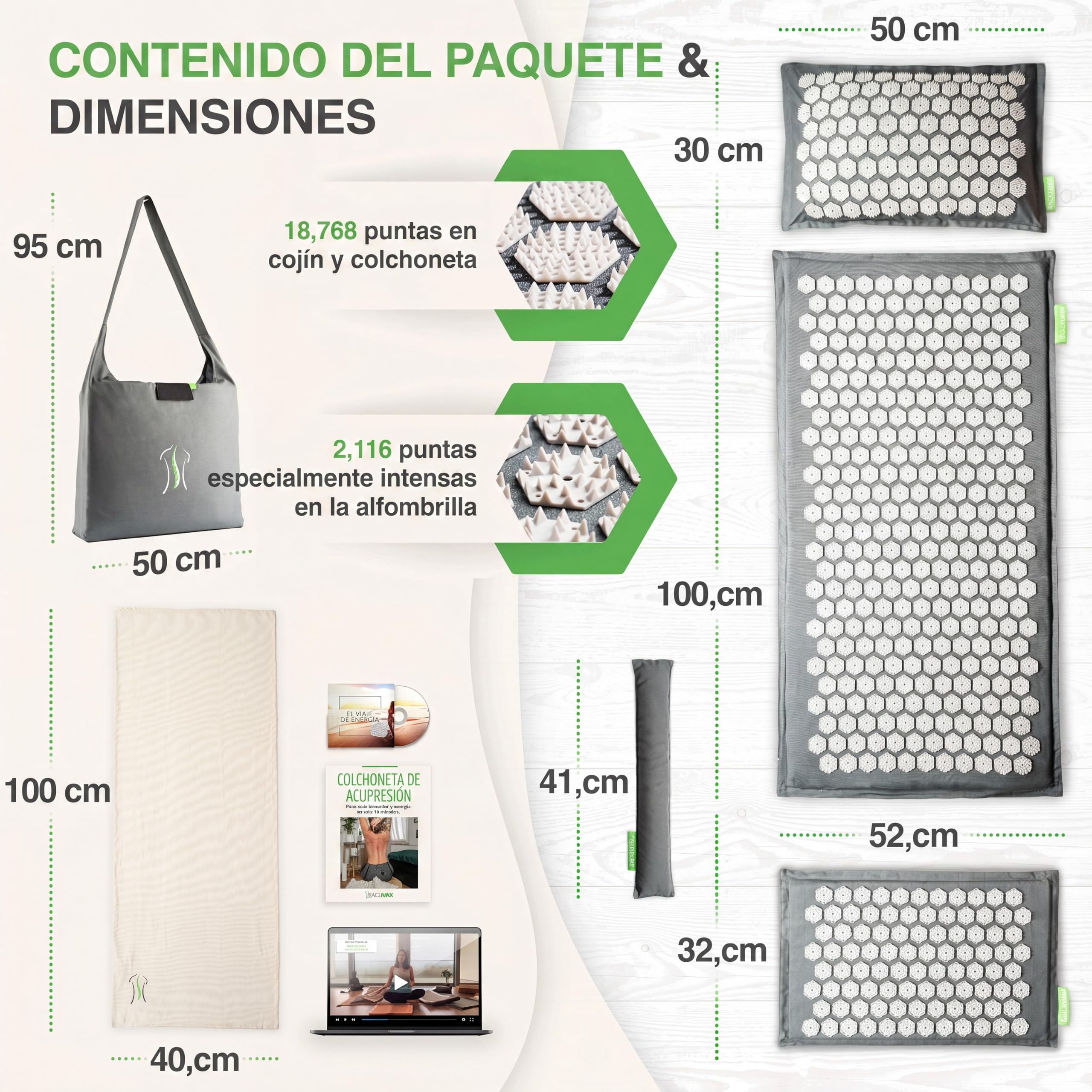 BACKLAxx Set de esterilla acupresion XL – Alfombra acupresion con cojin y bolsa