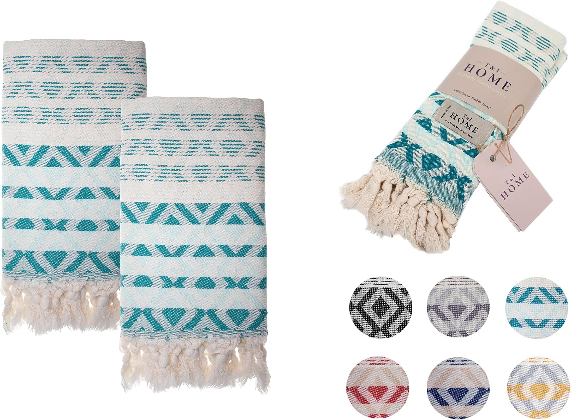 T&I Home, Diamond Turkish Hand Towel Set of 2, 100% Cotton, 16x40 Inches - Mint, Decorative Hand Towels for Bathroom, Boho Decor, Farmhouse Kitchen Towels Set, Dishcloth, Tea, Face, Yoga and Gym