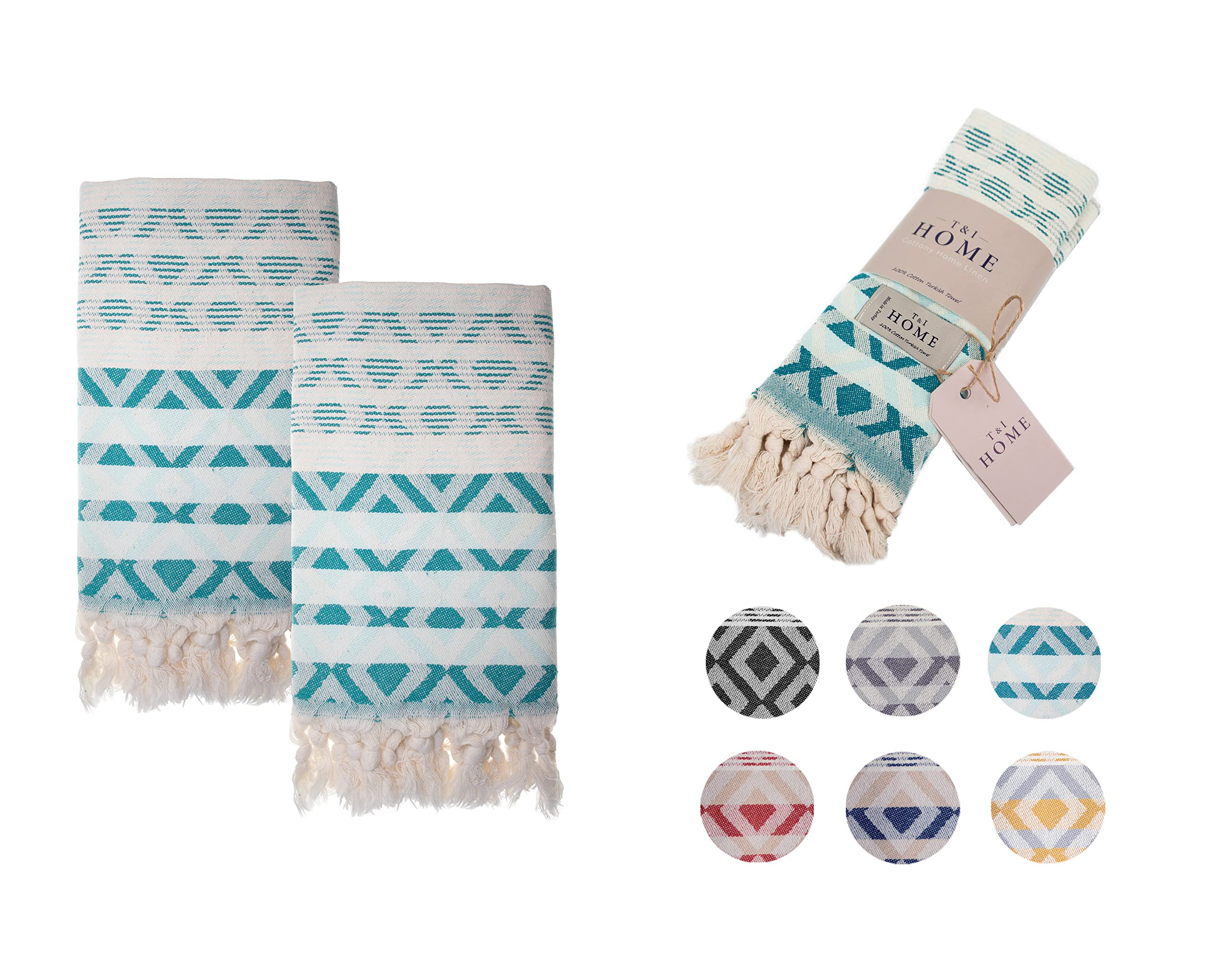 T&I Home, Diamond Turkish Hand Towel Set of 2, 100% Cotton, 16x40 Inches - Mint, Decorative Hand Towels for Bathroom, Boho Decor, Farmhouse Kitchen Towels Set, Dishcloth, Tea, Face, Yoga and Gym