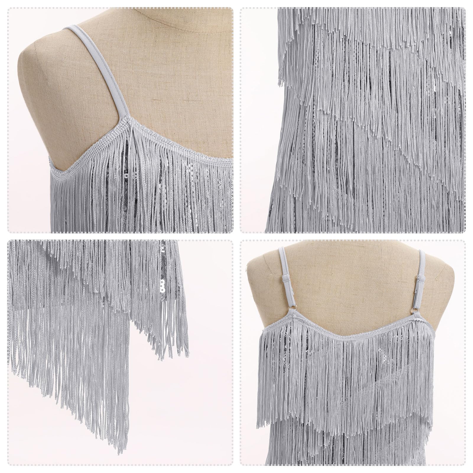 Abito da bambina con nappe latine scintillanti, senza maniche, vintage, con frange, a strati, per feste da ballo, Cha Cha, jazz, tango, balletto, danza anni '20, vestito da performance