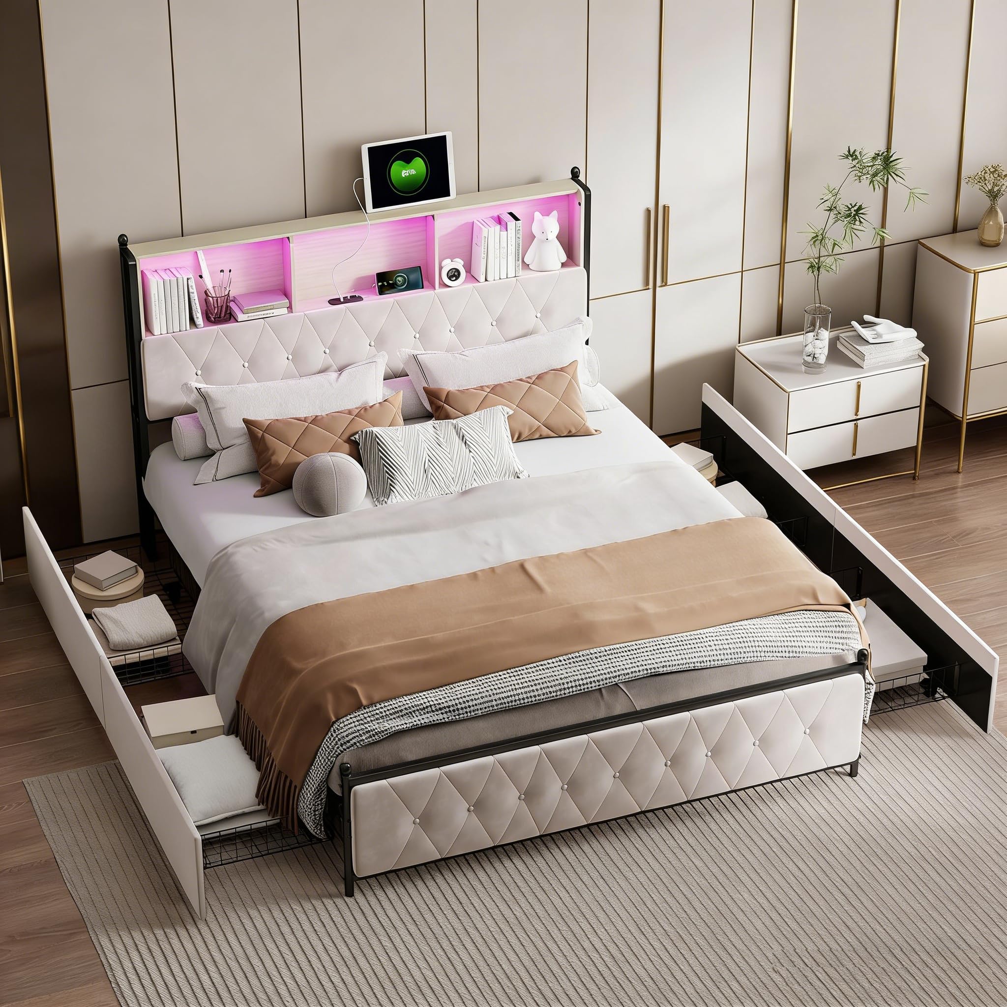 Cama tapizada 140x200 con Cabecero LED y USB, Camas Matrimoniales con 4 Cajones, Cama Juvenil, Estructura Camas Doble con Lamas de Madera, Terciopelo Beige, Sin Colchón (Beige, 140 x 200 cm)