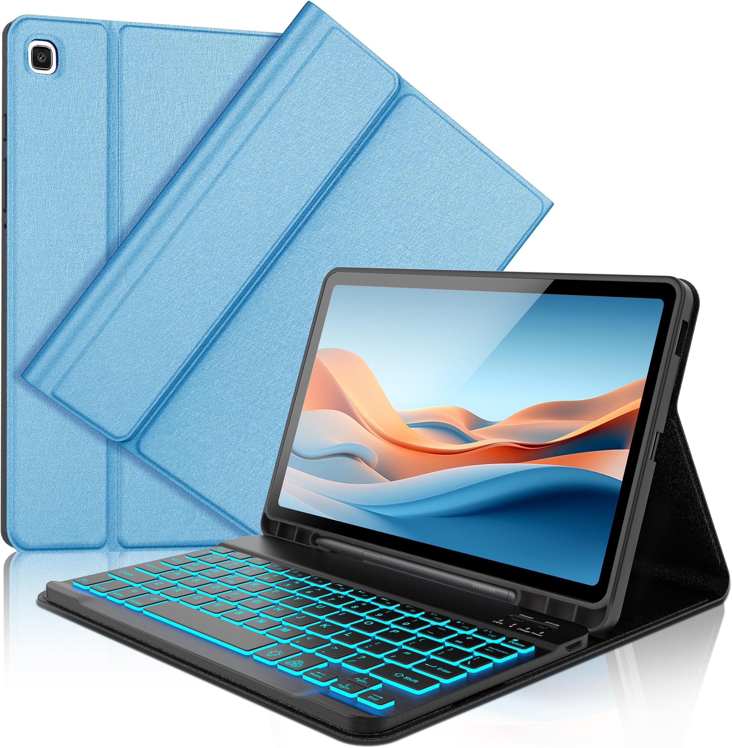 Galaxy Tab S6 Lite Case with Keyboard 10.4 inch 2024/2022/2020, 7 Color Backlit Bluetooth Detachable Keyboard, Smart Folio Protective Cover with S Pen Holder for Samsung Tablet S6 Lite 10.4'', SkyBlue
