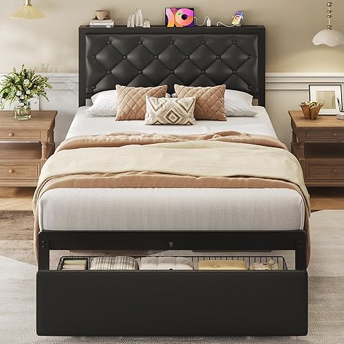 Miniatura 10 de Base de cama tamaño Queen con 2 cajones de almacenamiento, cabecero tapizado con botones y estación de carga, no necesita somier, libre de ruido,