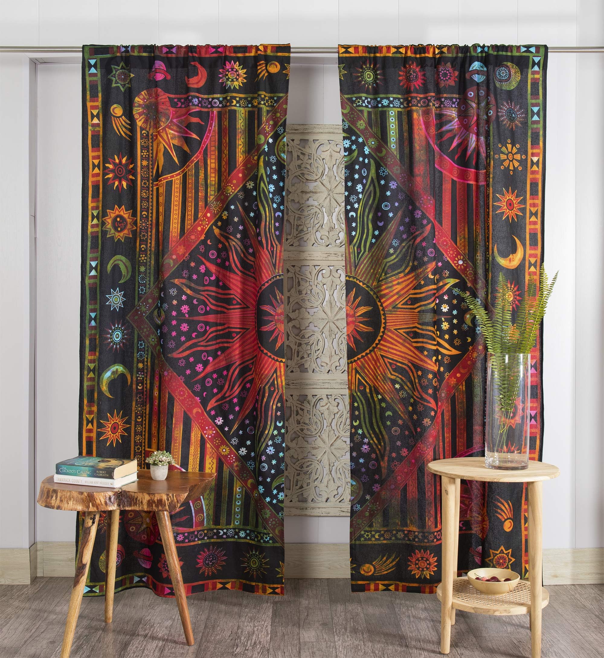 Popular Handicrafts Indian Burning Sun Moon Hippie Mandala Window Curtains for Doorways Closets - Gypsy Tye Dye Bohemian Beautiful Drapery Bedroom Livingroom Divider Balcony Valance Panels Golden