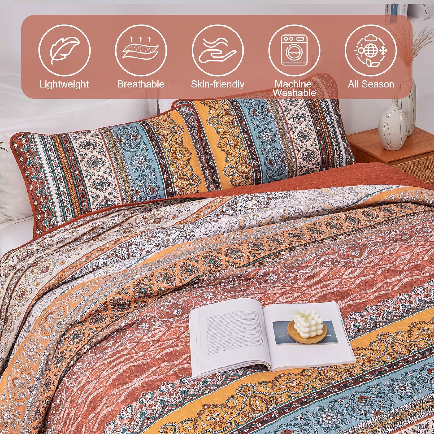 WONGS BEDDING Boho Quilt Set King Size Burnt Orange, 3 Pieces Fall Striped Bedspread Coverlet Set, Christmas Halloween Soft Lightweight Microfiber for All Season(104"×90") - Image 5