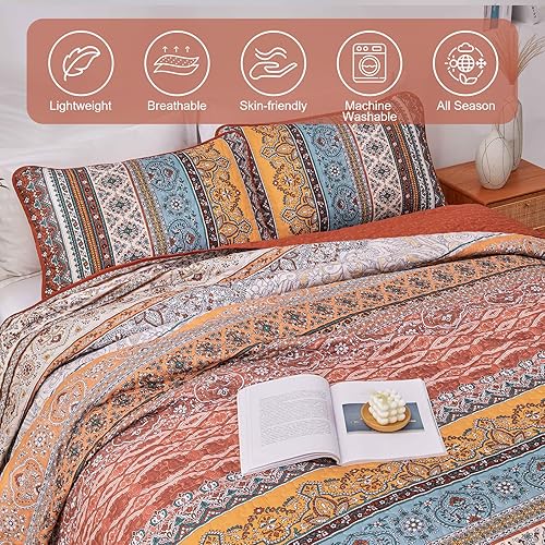 Vista 155 de WONGS BEDDING Juego de edredón bohemio tamaño Queen Aqua, juego de colcha de 3 piezas a rayas, de microfibra ligera y suave bohemia para todas