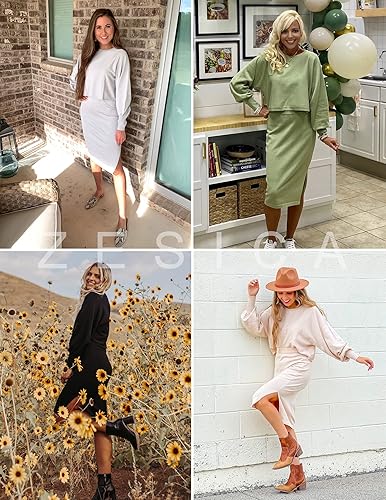 Miniatura 7 de ZESICA Conjunto casual de dos piezas para mujer, de manga larga, punto acanalado, falda media, suéter de gran tamaño