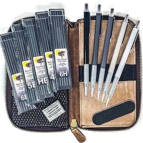 Lápices mecánicos de dibujo de metal prémium para bocetos en estuche de cuero, repuestos de plomo de 0.079 in, borrador amasado para artistas,