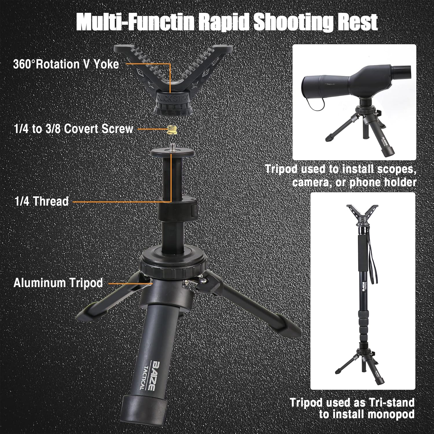 Set of 2 Baize Tactical Compact Rapid Shooting Rest Hunting Tripod Adjustable Height Rifle Shooting Tripod 360° Rotation V Yoke Holder, for Target Shooting, Hunting and Outdoors : Sports & Outdoors