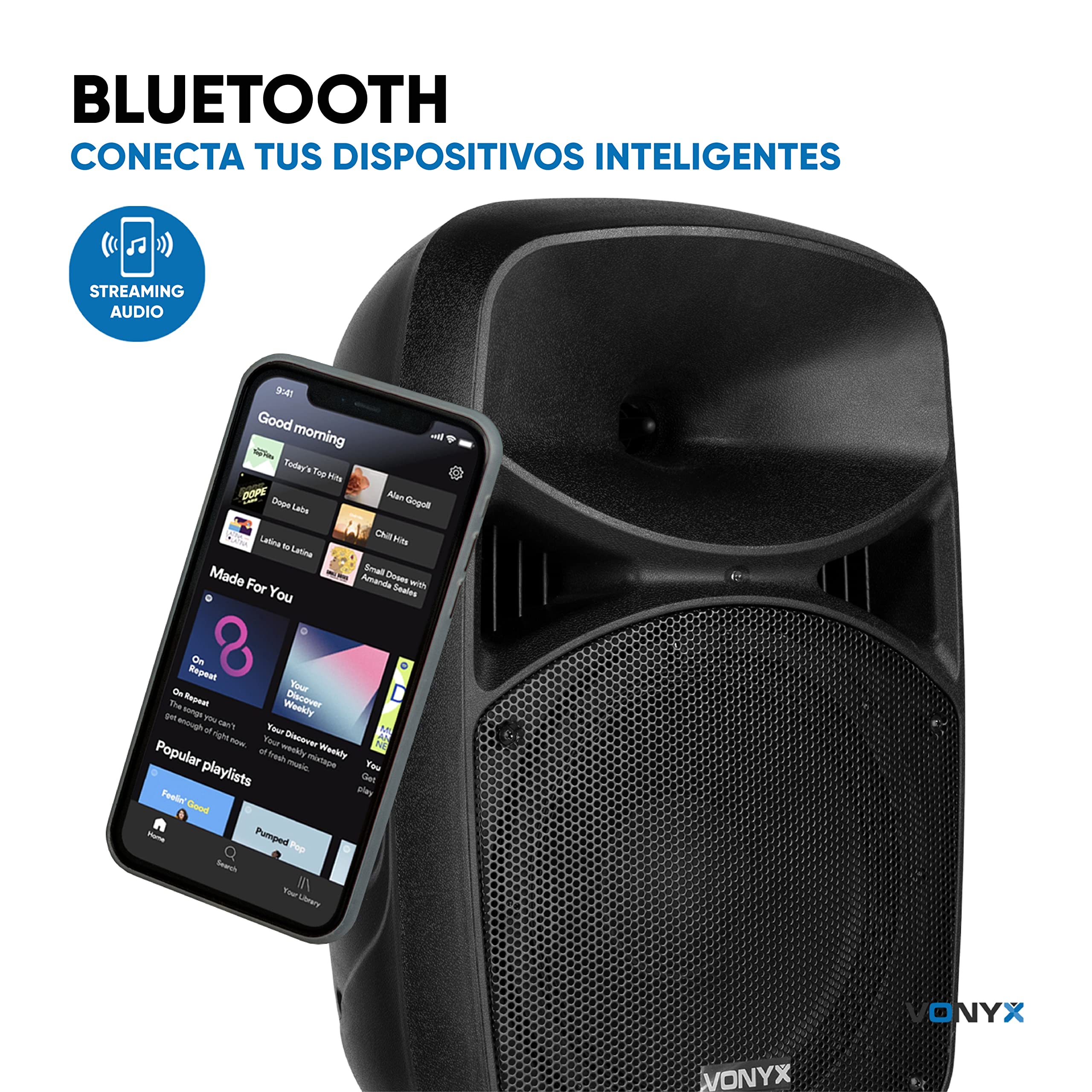 Vonyx VPS102A – Sistema de Sonido Activo 600W con 2 Altavoces 10”, Bluetooth, USB, SD, micrófono, Soportes y LED rítmicos, Altavoz Karaoke portátil Potente para Fiesta y DJ, Color Negro