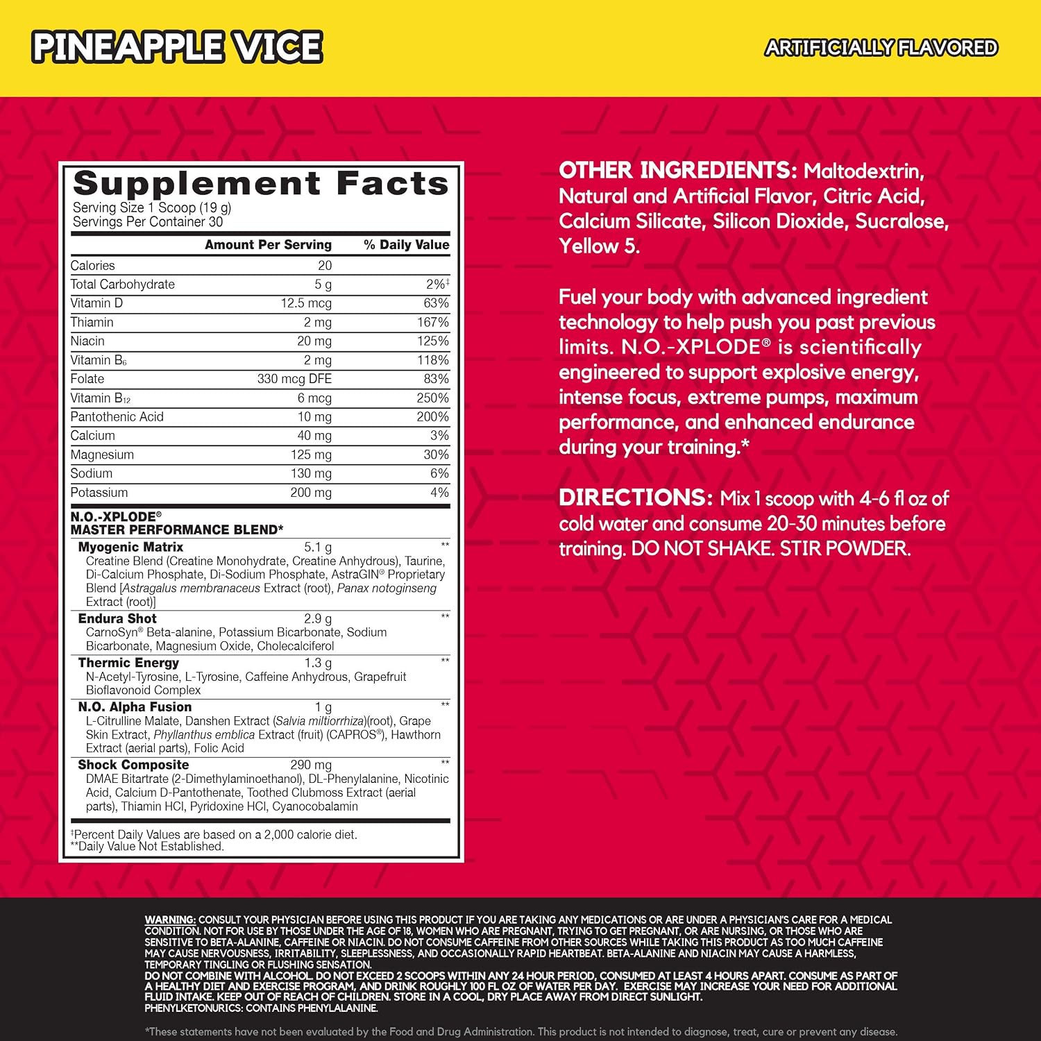 BSN N.O.-XPLODE Pre Workout Powder, Energy Supplement for Men and Women with Creatine and Beta-Alanine, Flavor: Pineapple Vice, 30 Servings