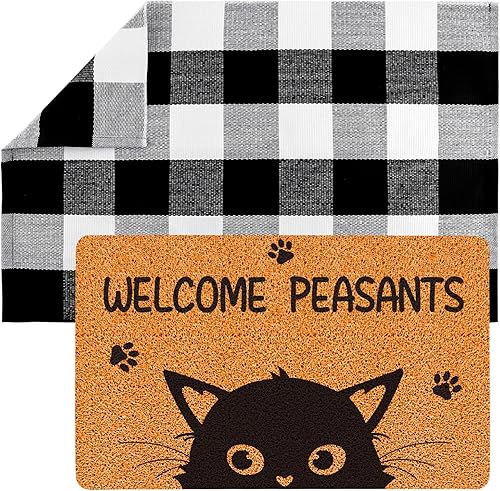 XEFINAL Felpudo de bienvenida campesinos, felpudo negro para puerta de gato blanco y negro, alfombra a cuadros de búfalo negro con gato de imitación