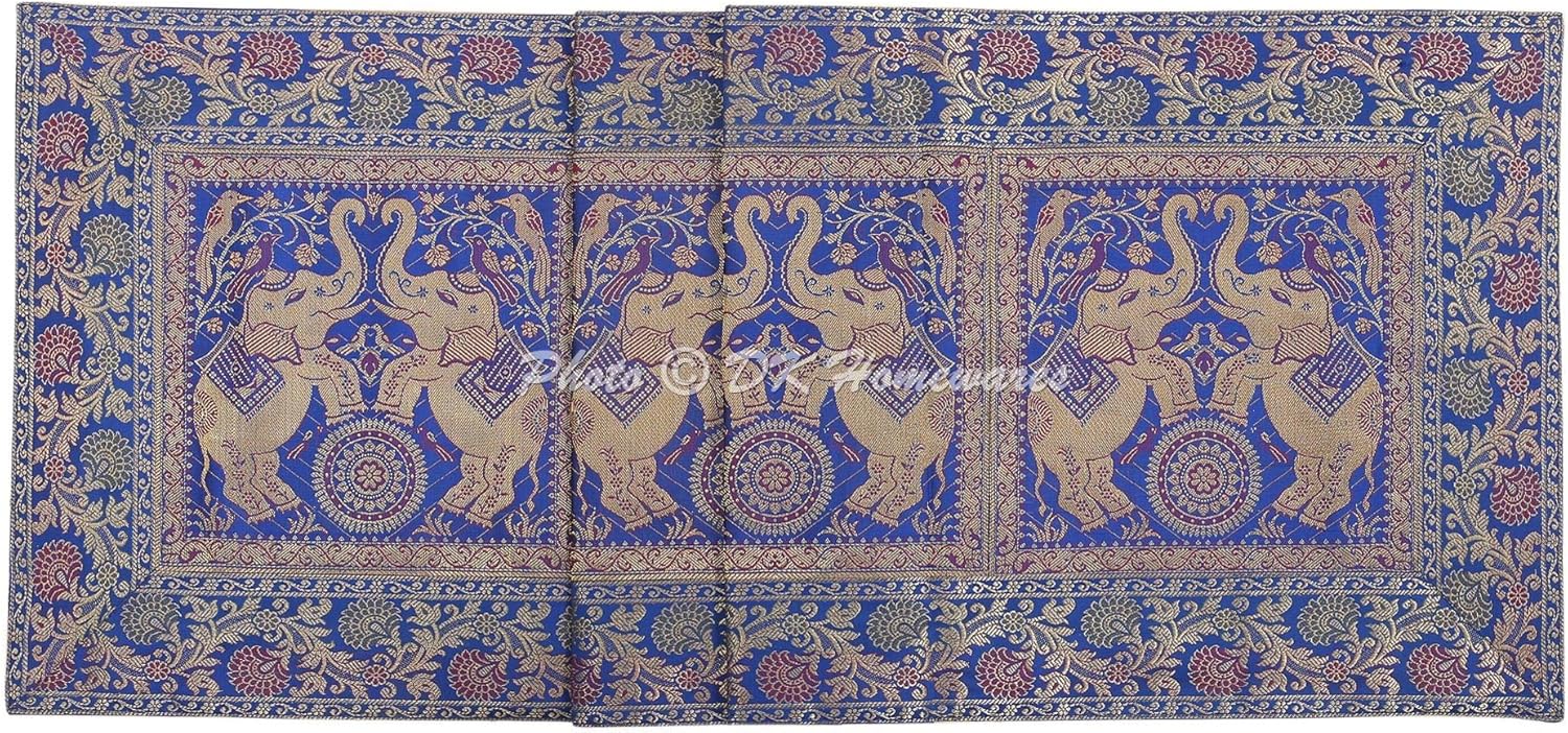 Traditional Dining Table Decor Blue Gold Centerpiece Brocade Satin 150 X 40 Cm Jacquard Elephant Floral 5 Ft Table Runner (60X16 Inches)