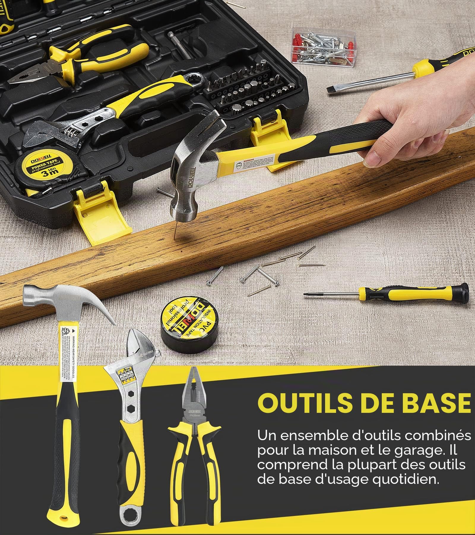 DOWELL Ensemble d'outils, kit d'outils pour réparation automobile et ménage avec douille, clé, tournevis, ensemble d'embouts et boîte de rangement en plastique, HYT128 (128 pièces)