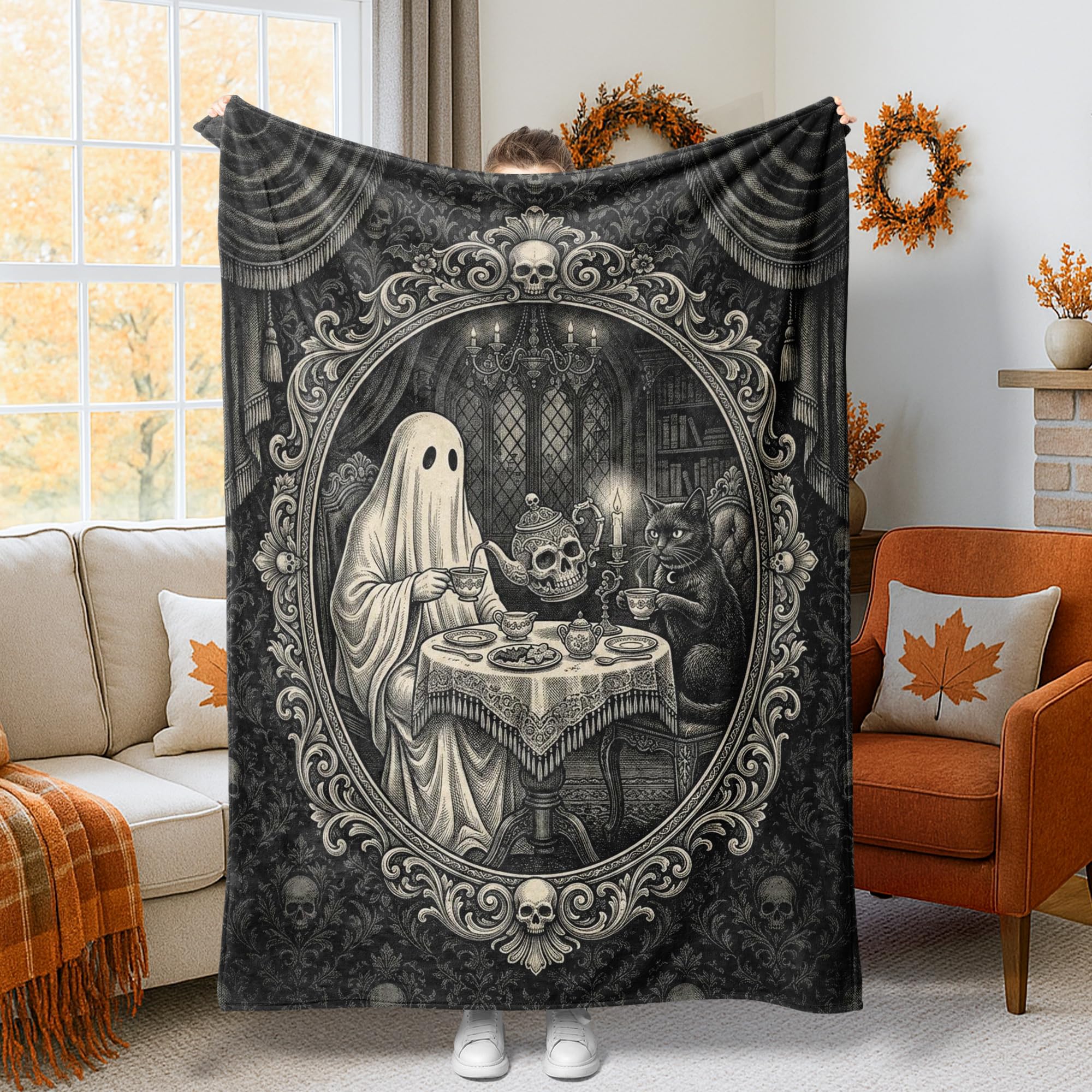 Couverture flanelle douce jeté de lit vintage tête de mort chat gothique