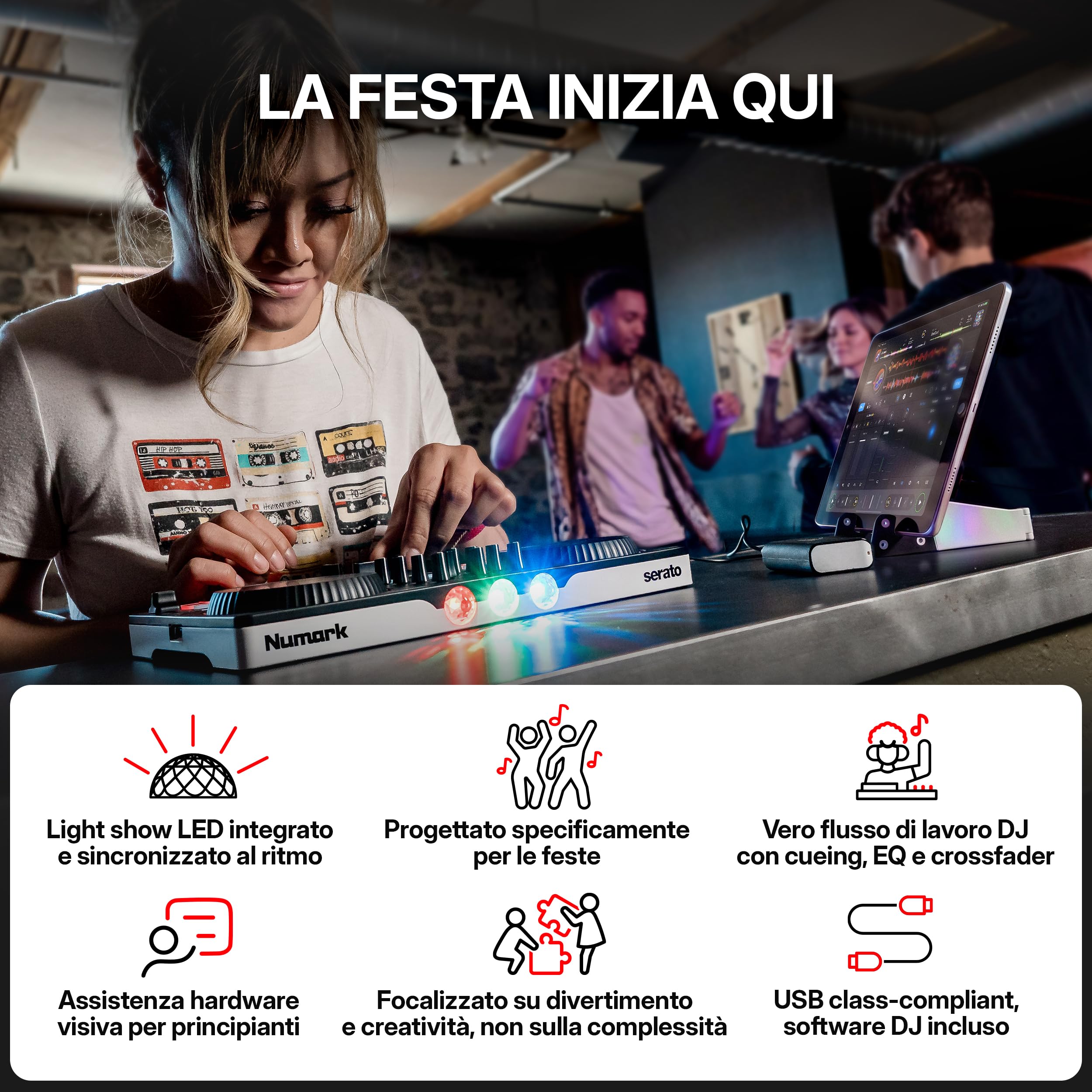 Numark Party Mix III Controller DJ Bluetooth con Luci Integrate | Beat Assist, Smart Fader, 16 pad, mixer DJ 2 deck, controllo Stems, USB-C, Serato DJ Lite e Algoriddim djay inclusi