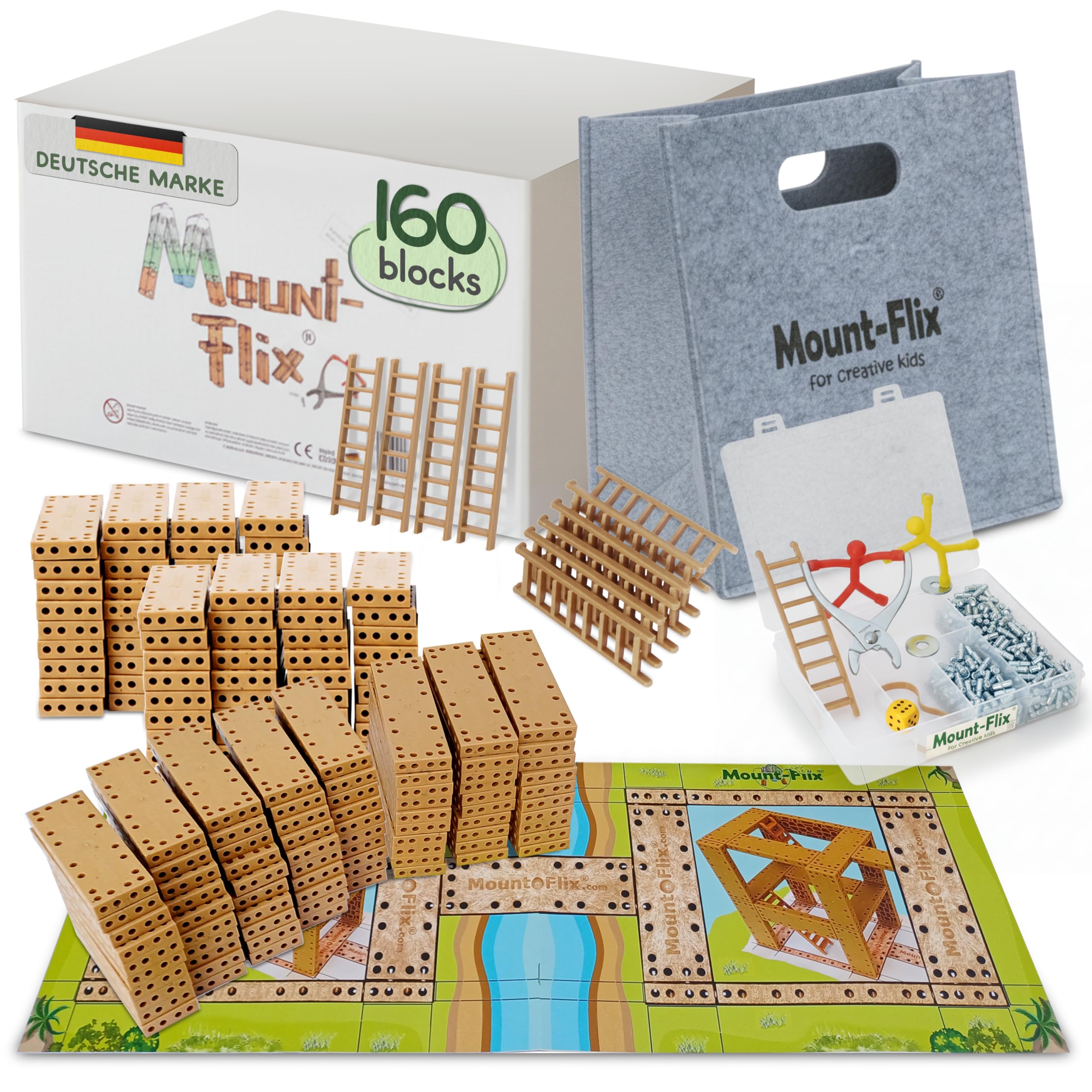 Basis-Set kreatives Kinderspielzeug aus vorwiegend Recycling-Kunstkork, Konstruktions-Baukasten mit 160 steckbaren flexiblen Bausteinen inkl. brettspielartigen Turmbau-Würfelspiel
